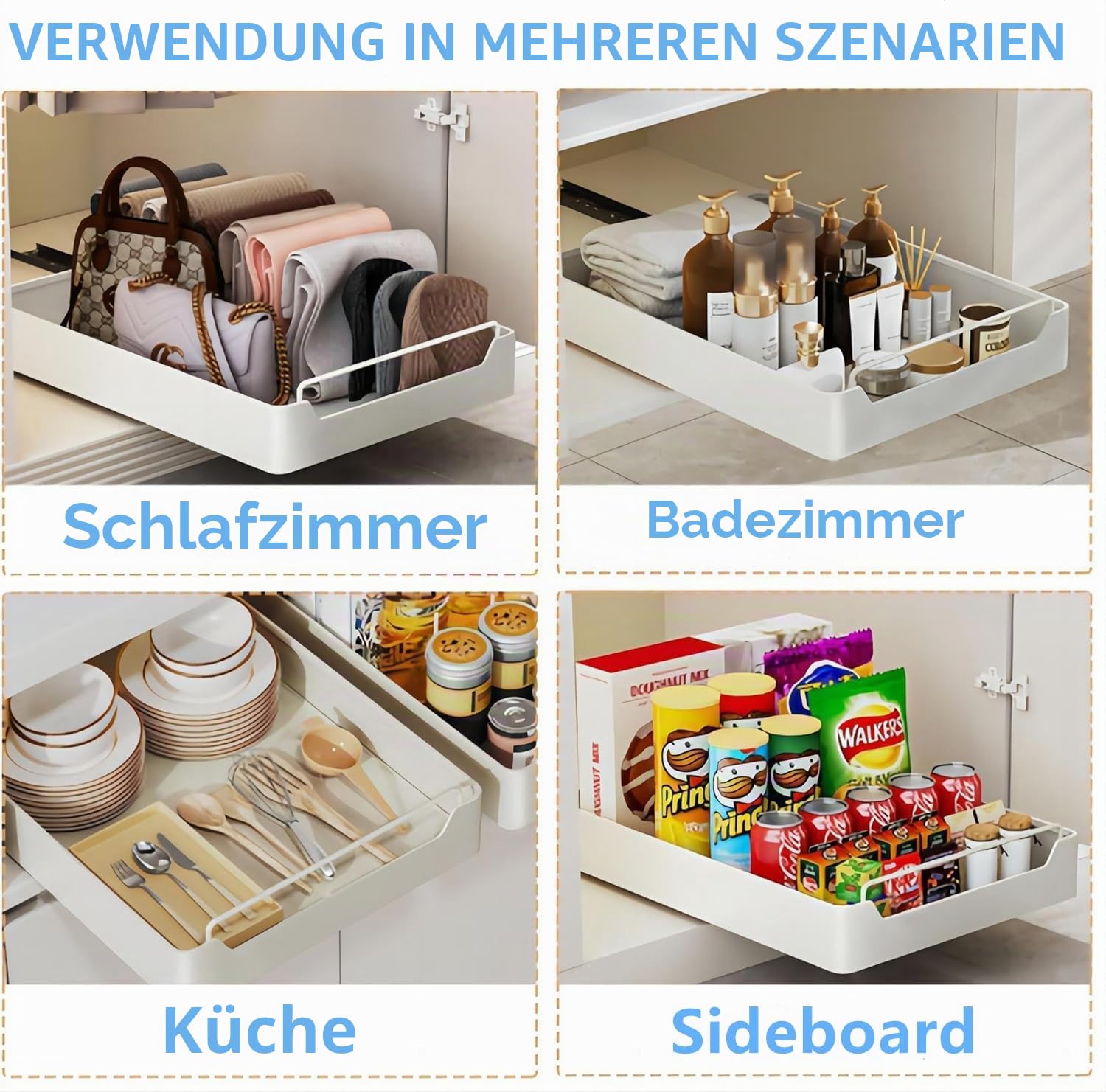 Sightday Teleskopschublade,Ausziehbarer Schrank Organizer,Küchenschrank Organizer Ausziehbar,Küchen Organizer Schublade für Küche,Wohnzimmer,Haus,Kein Bohren und Nageln Erforderlich(Weiß,30cm)