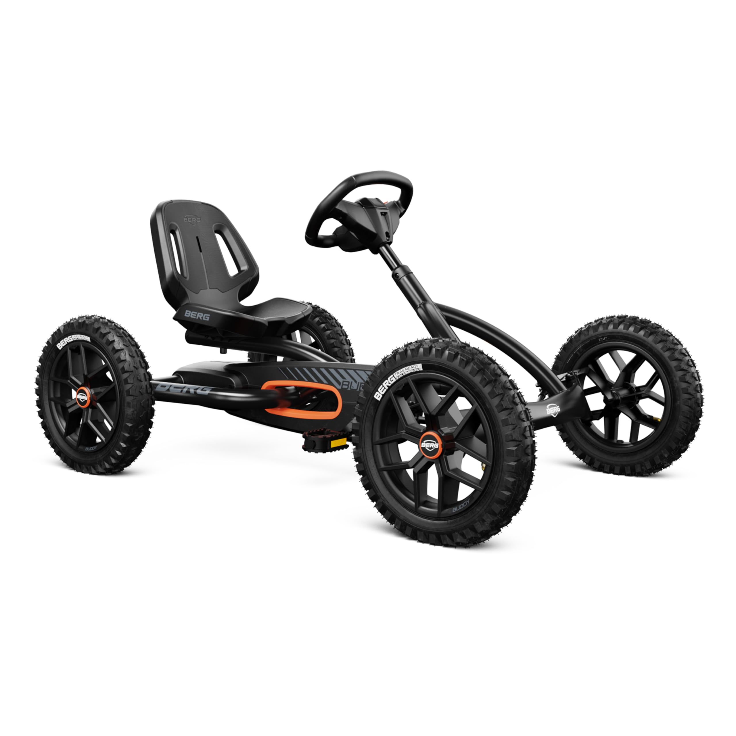 BERG Kart a Pedales Buddy Cross | Negro, 3-8 años, cuadro resistente, asiento regulable, volante regulable