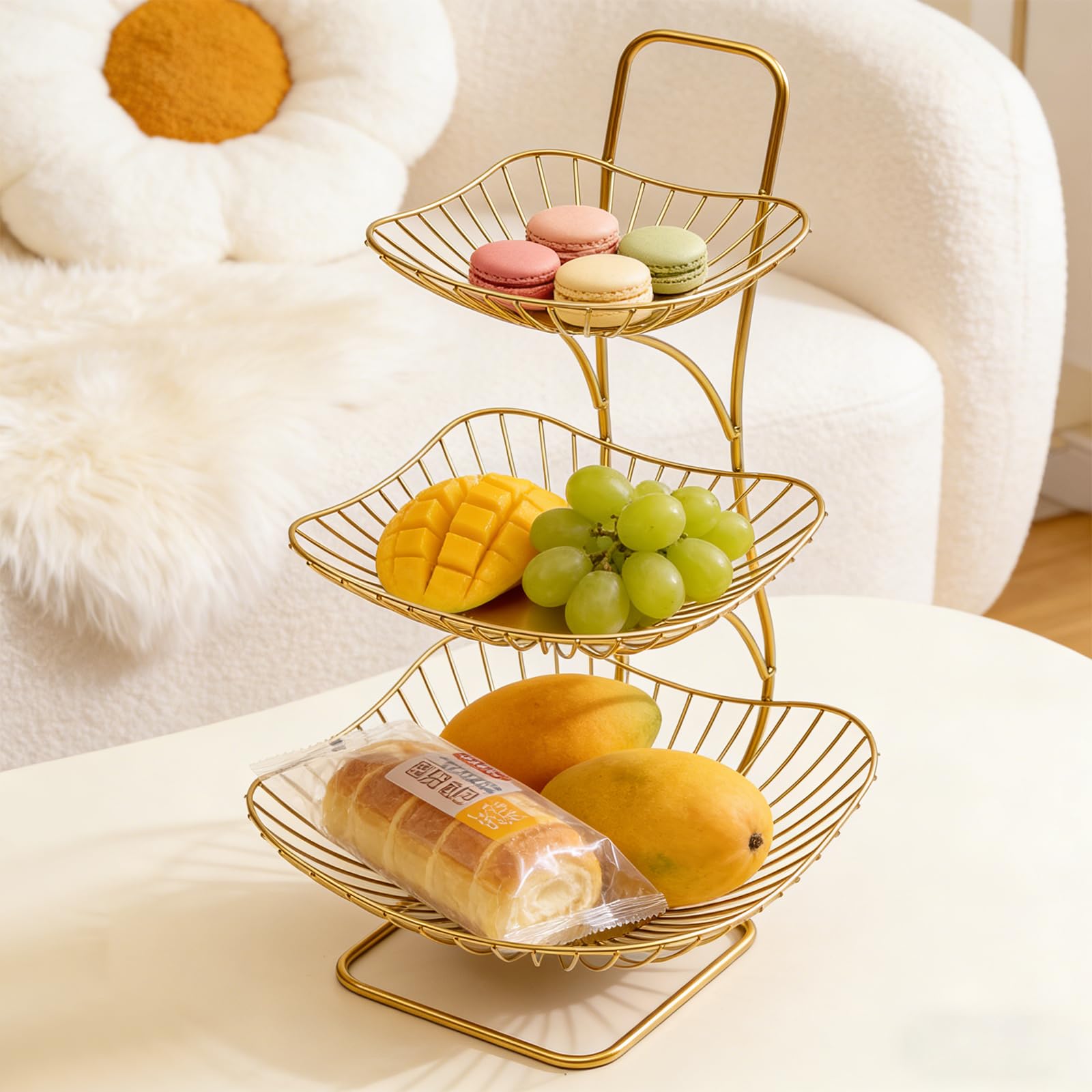 Présentoir à fruits à 3 étages en métal doré - Design moderne - Pour mariage, fête, maison, buffet, centre de table, sans montage