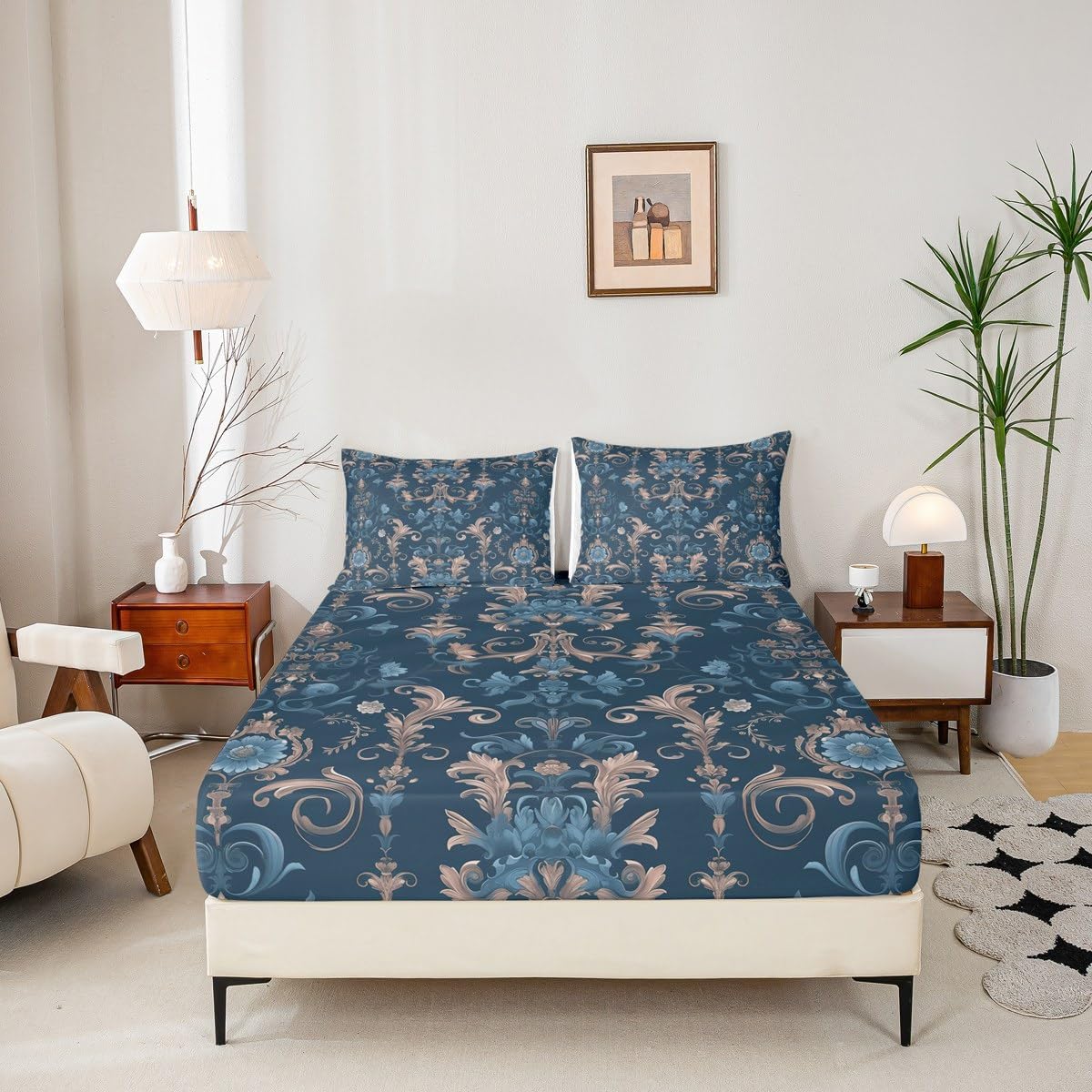 Erosebridal Baroque Damask Fitted Sheet Blue Golden Gothic Vintage Floral Bed Sheets Full Bohemian Exotic Bedding Set for Women Men Luxury Jacquard Damask Bed Cover 3 Pcs Antique Victorian Style