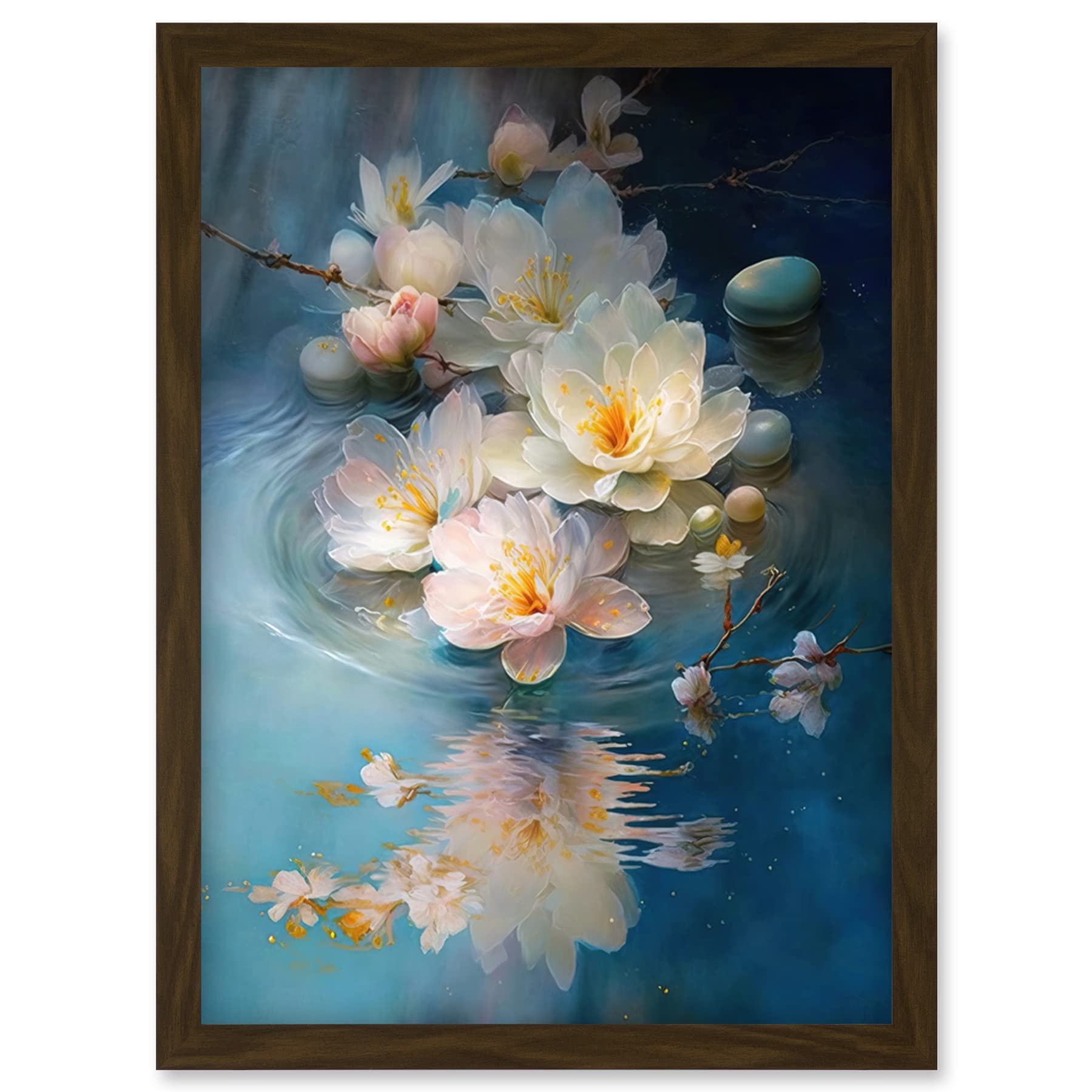 Artery8 Fallen Cherry Blossom Flower Water Ripples Modern Watercolour Painting Artwork Framed Wall Art Print A4