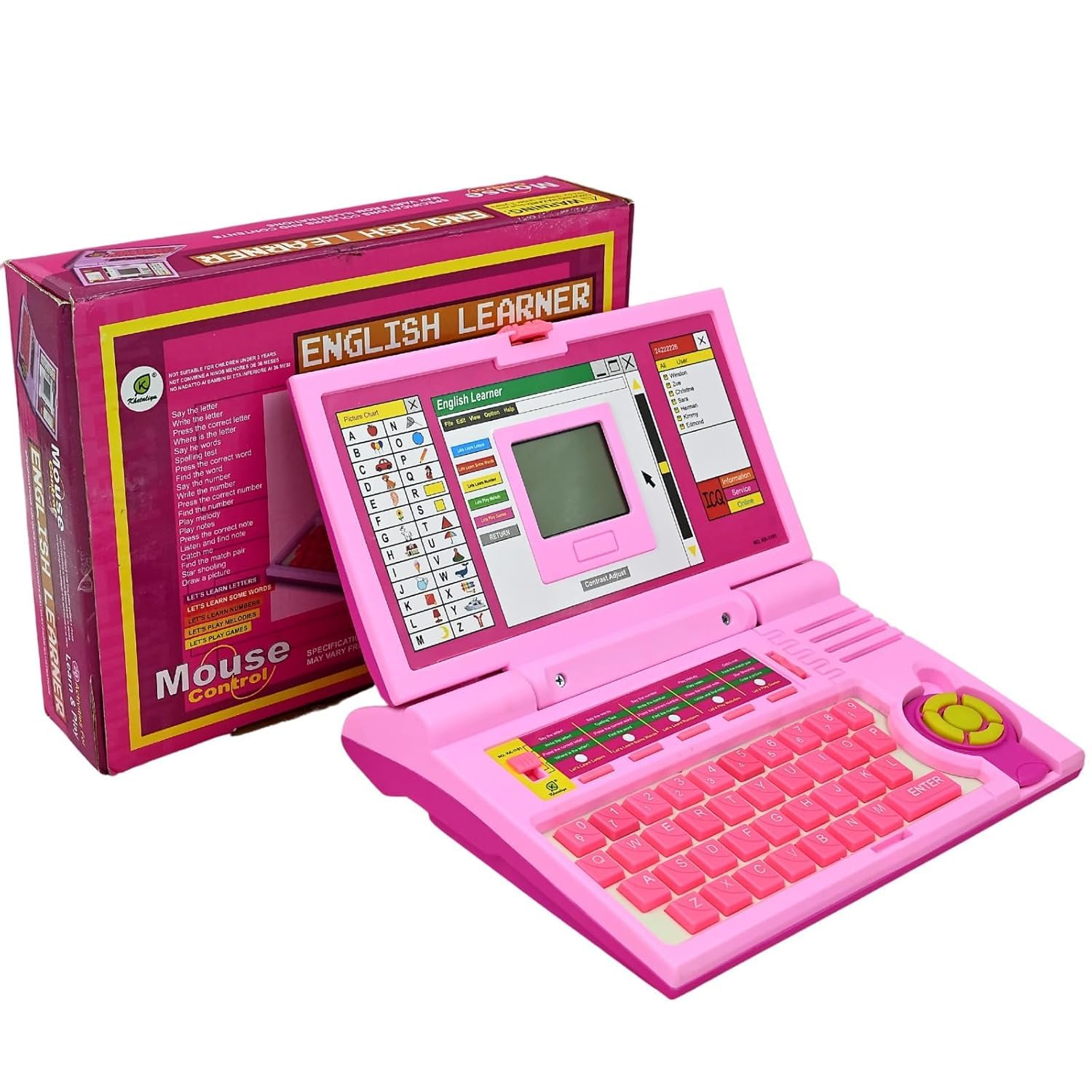 Gooyo GY-1105P Plug & Play English Learner Educational Laptop Toy with 20 Learning & Playing Activities | Pink Color, Dual Power Supply Source: Micro USB Cable (Included) & 3xAA Battery (Not Included)