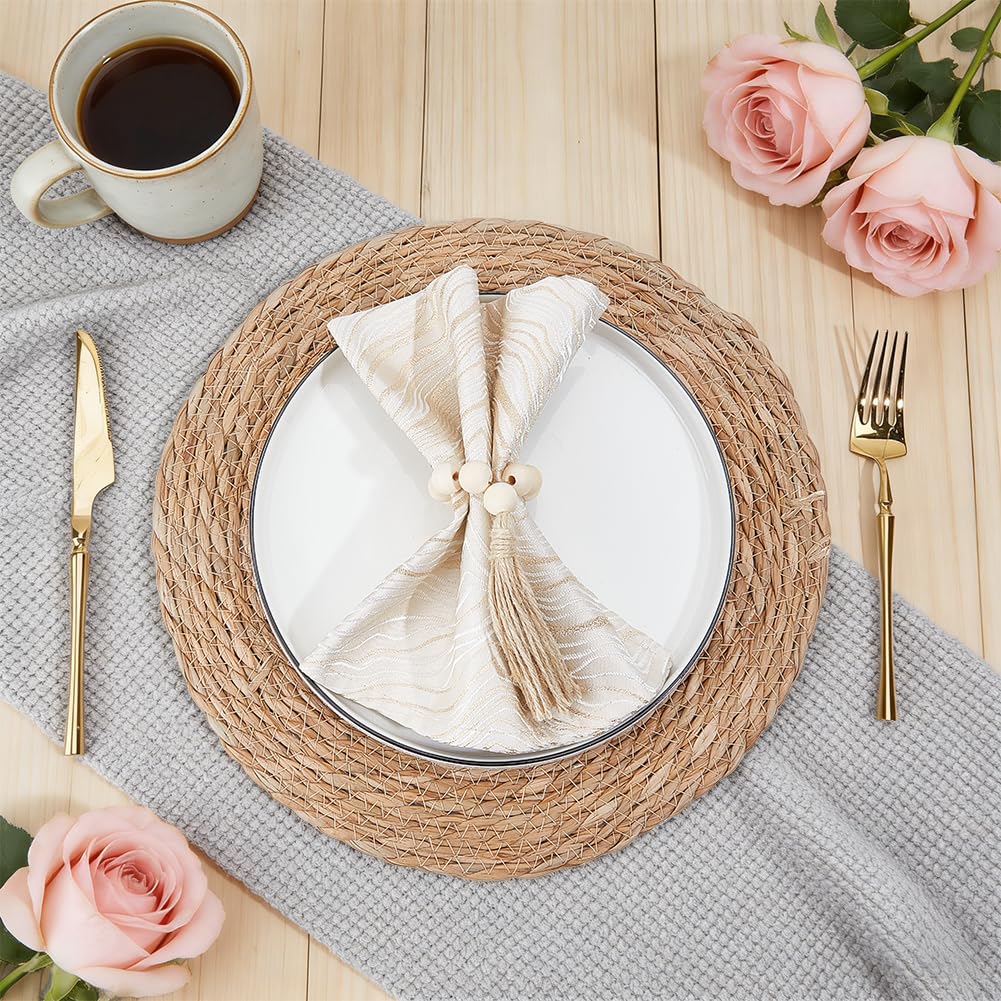 NBEADS 12 Set Gewebte Rattan Tischsets, 34.5cm Boho Gewebte Tischsets Set Tischmatten Mit 12 Stück Holz Serviettenringe Perlen Für Hochzeit Essen Wohnkultur Party Einstellungen
