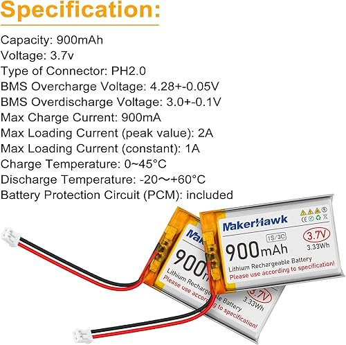 Miniatura 4 de MakerHawk Batería LiPo de 3.7 V 900 mAh recargable 1S 603450 baterías de polímero de litio con doble placa de protección, enchufe micro JST 2.0 para