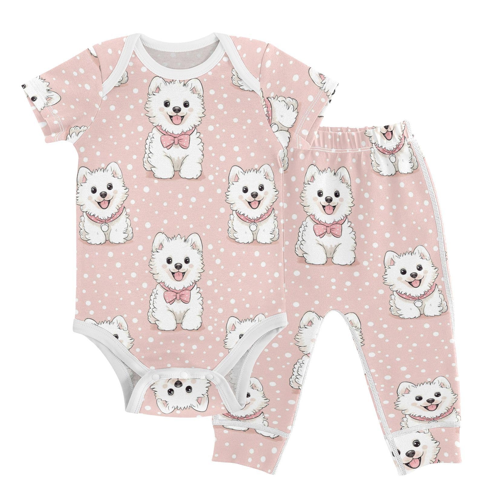 vvfelixl Baby Layette Sets Clothes,Cartoon Samoyed Wearing Bow Baby Bodysuits Set,Unisex Babys Pants Sets Short Sleeve 12-18M