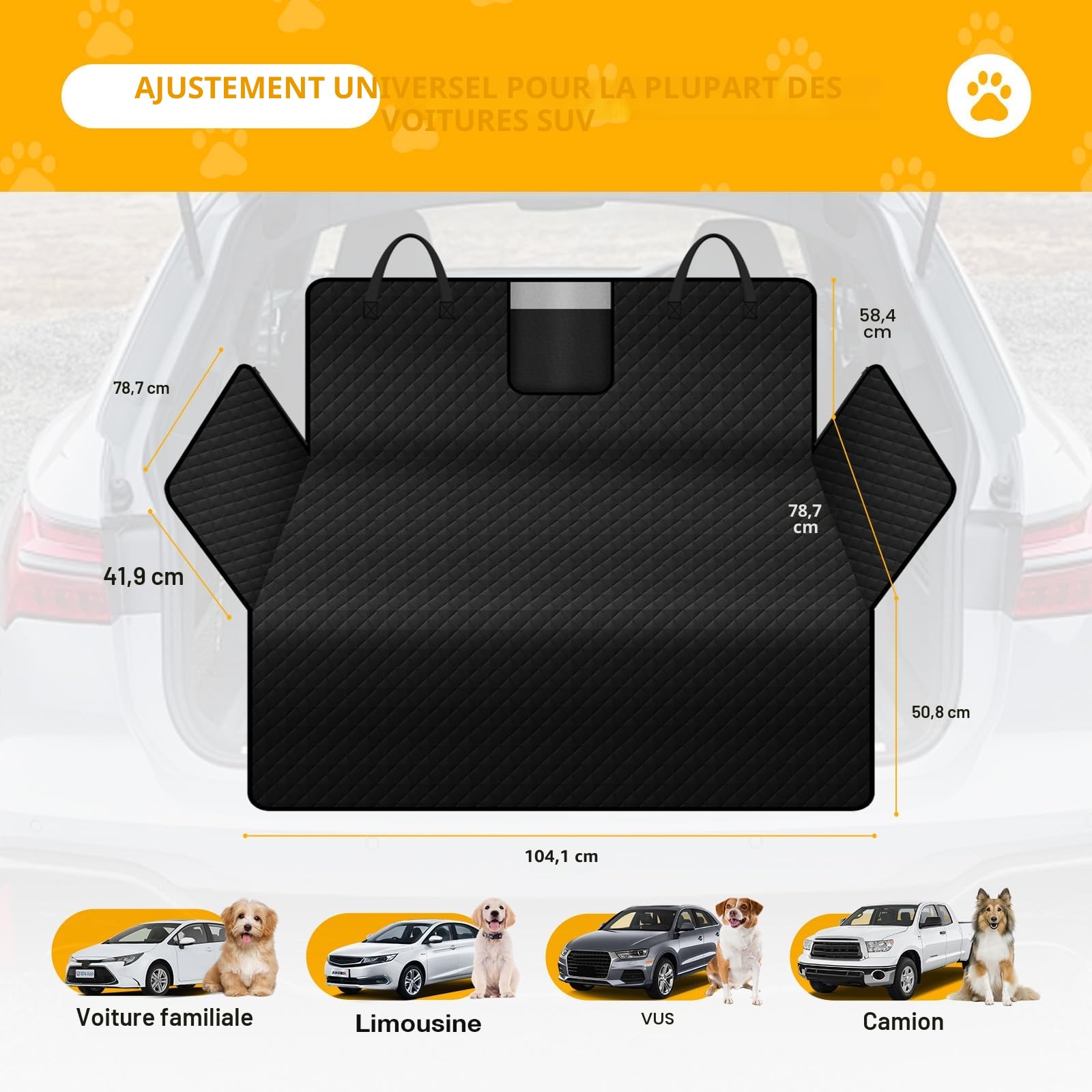 Protection Coffre Voiture pour Chien - Tapis Imperméable et Antidérapant avec Rabats Latéraux et Pare-Chocs, Couverture Résistante et Facile à Nettoyer pour Coffre SUV - Noir