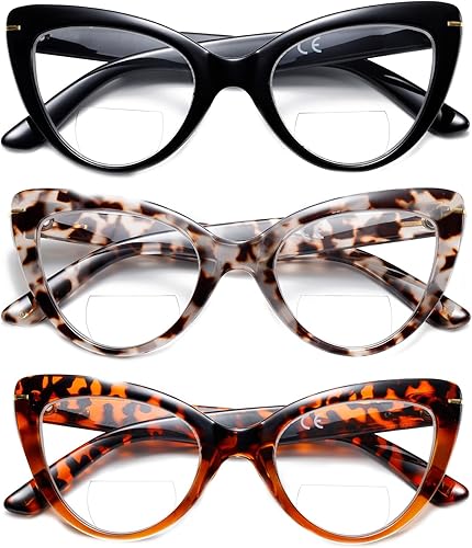 Miniatura 10 de Paquete de 3 lentes de lectura bifocales de ojo de gato para mujer, de gran tamaño, bloqueo de luz azul, lectores de computadora