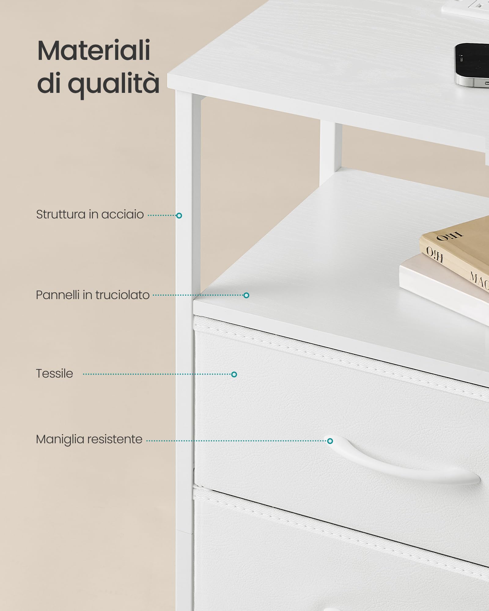SONGMICS BELLAH Collezione - Comodino con Stazione di Ricarica, Tavolino con LED Regolabile Controllato da APP, 1 Ripiano Aperto e 2 Cassetti, Camera da Letto, Bianco Nuvola e Bianco Neve LGS302WH03