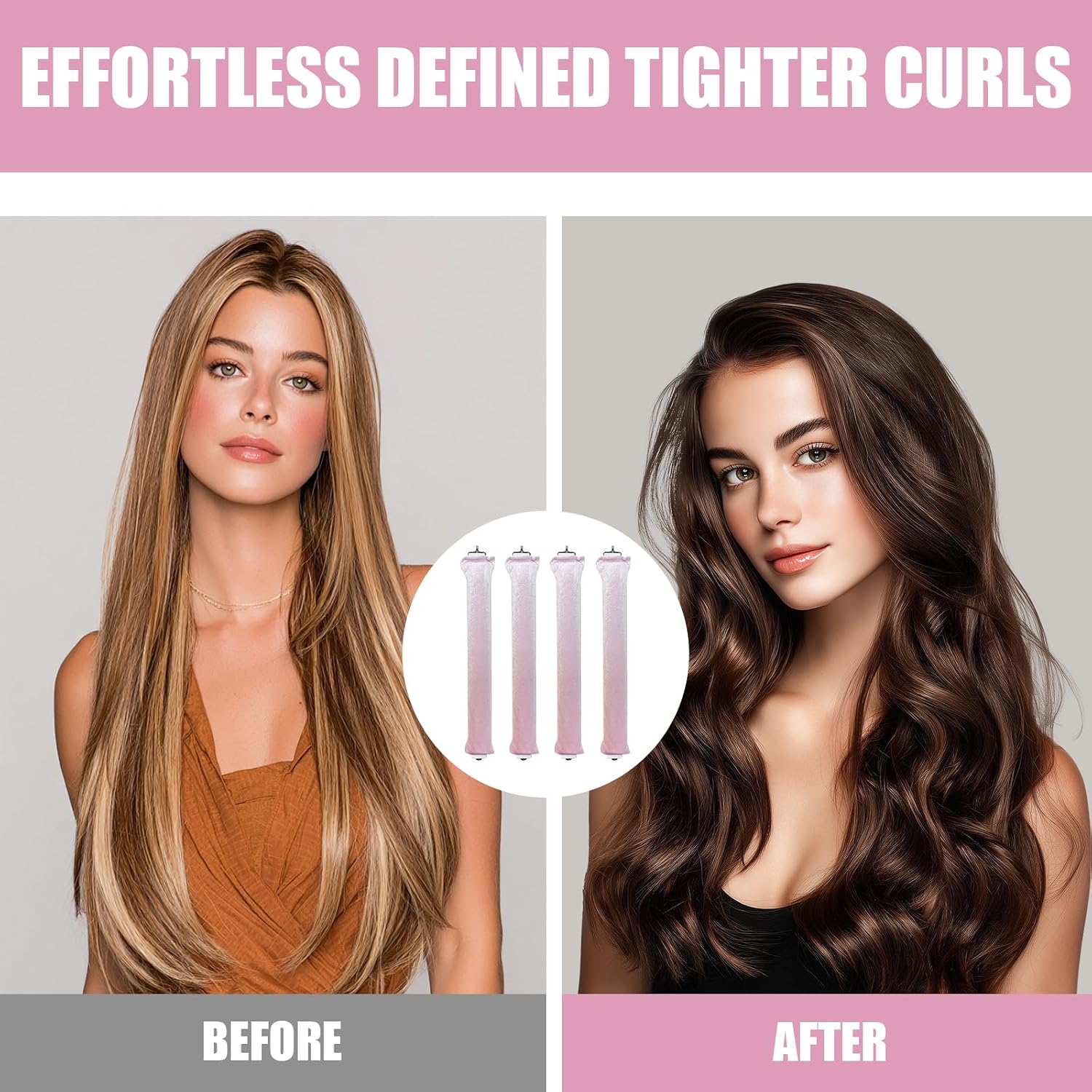 Heatless Overnight Blowout Rods & Satin Flexi Rods - Soft Velvet Hair Rollers for Blowout Look, Heatless Curling Rod for Long Thick Hair (Pink)