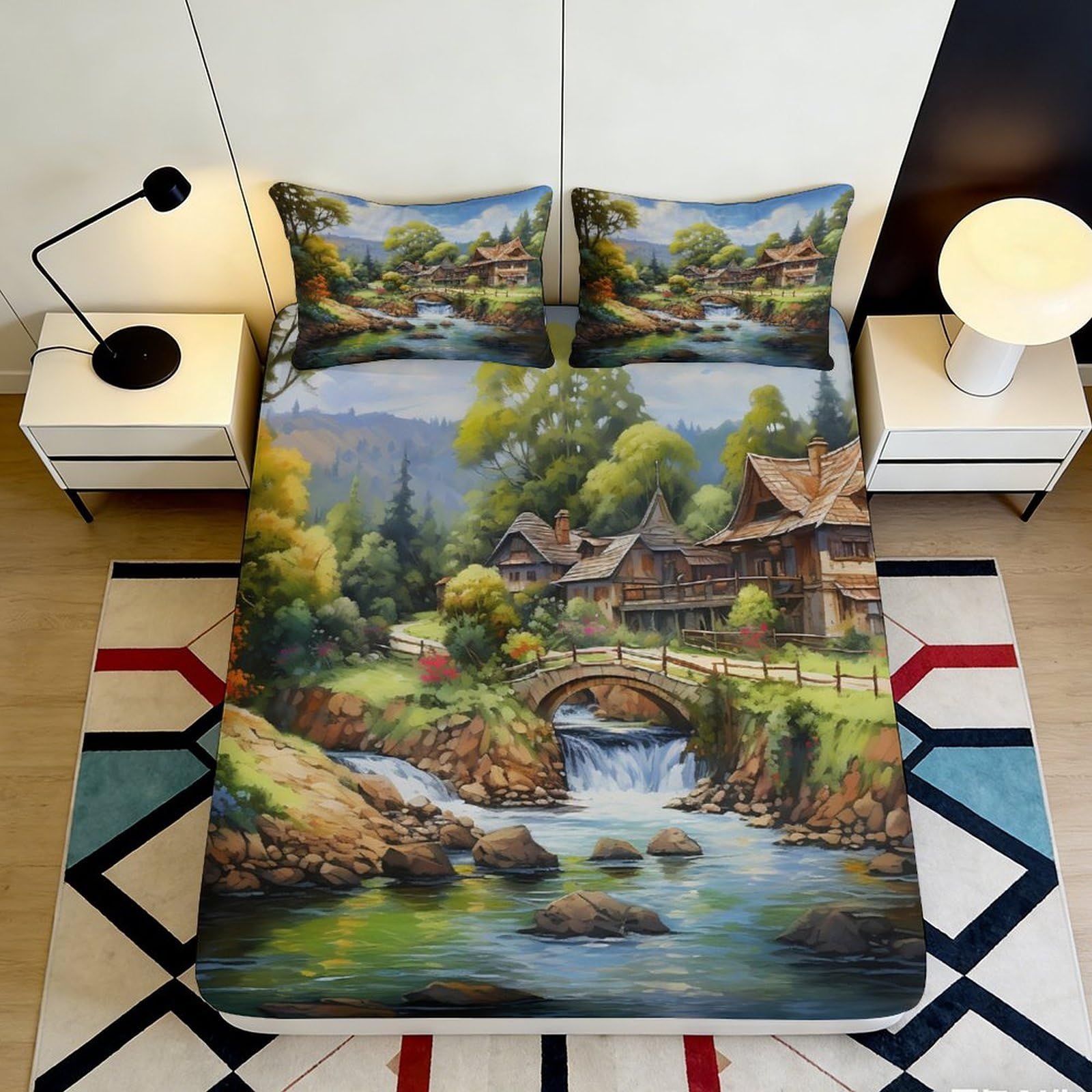 3D Printed Countryside Landscape Fitted Sheet Microfiber Soft Breathable Riverside Cottage Bed Cover for Bedroom Guest Room Decor 180x200x25cm