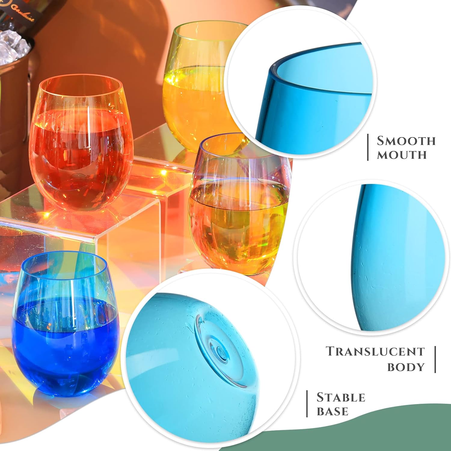 Gerrii 24 Pack 12oz Plastic Stemless Wine Glasses Bulk Colored Reusable Shatterproof plastic wine cups for Indoor Outdoor Dining Supplies Party 6 Colors - Image 3