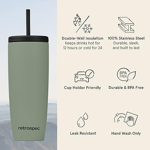 Miniatura 2 de Retrospec Arroyo - Vaso térmico de acero inoxidable con tapa y pajita, reutilizable, aislado y reutilizable, taza de viaje para café helado, vasos