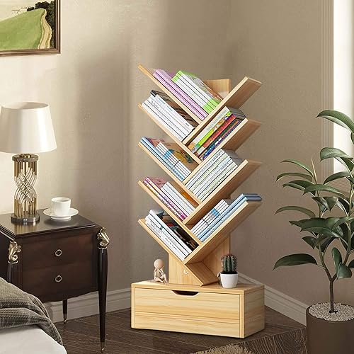 Miniatura 8 de Estantería con cajón, estantería de madera de 8 niveles con capacidad de carga fuerte, estante de almacenamiento de libros de madera alto para