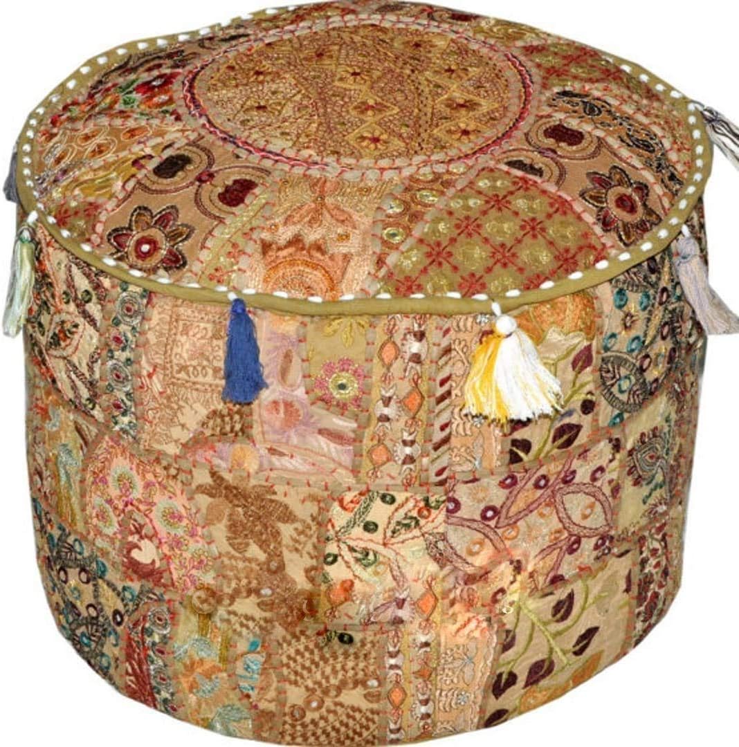 KLAVATE Ganesham Indian Hippie Vintage Cotton Floor Pillow & Cushion Patchwork Bean Bag Chair Cover Boho Bohemian Hand Embroidered Handmade Pouf Ottoman (Beige, 13 H X 18 Diam.(Inch))