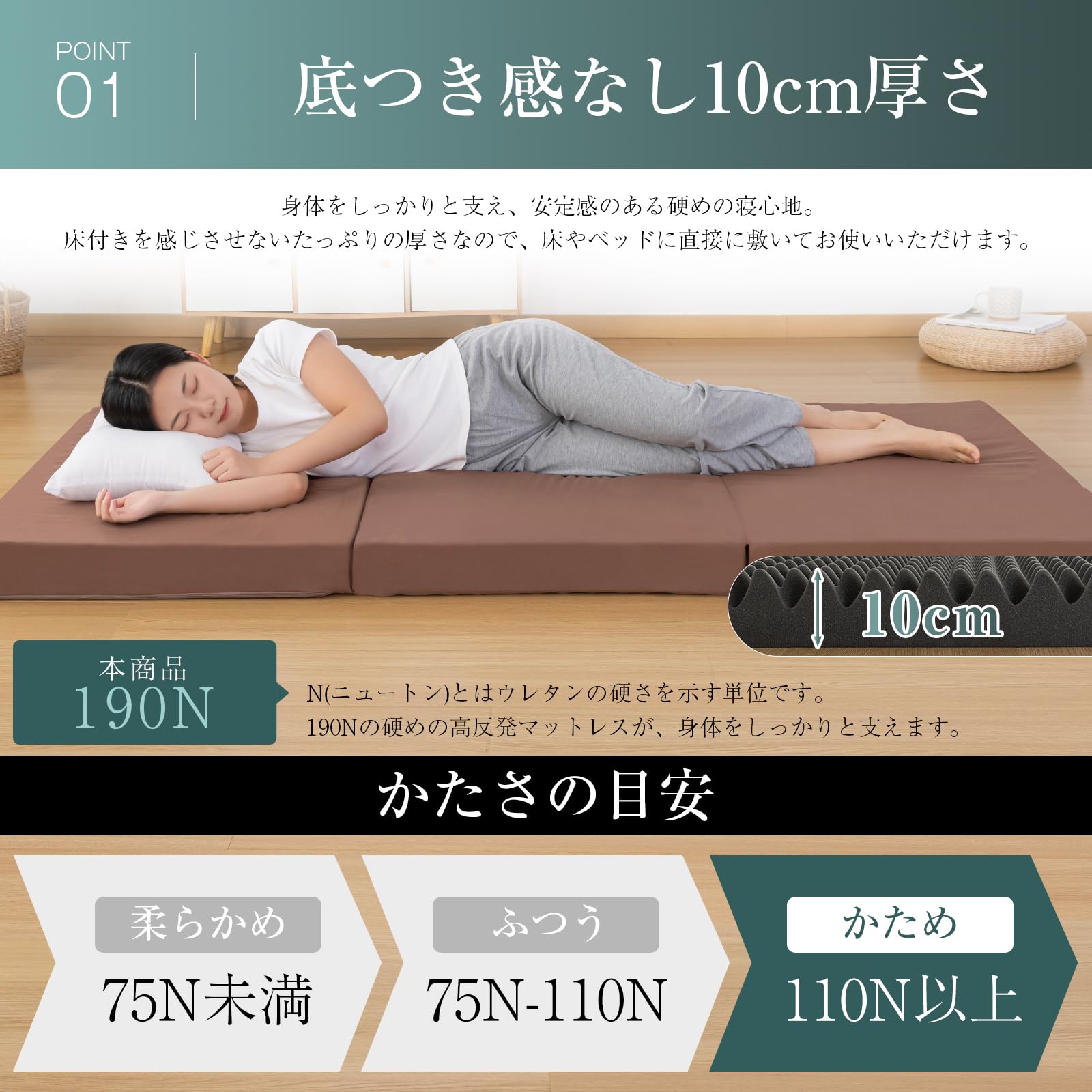 Amazon｜Housecover マットレス セミダブル 極厚 10cm 三つ折り 高反発