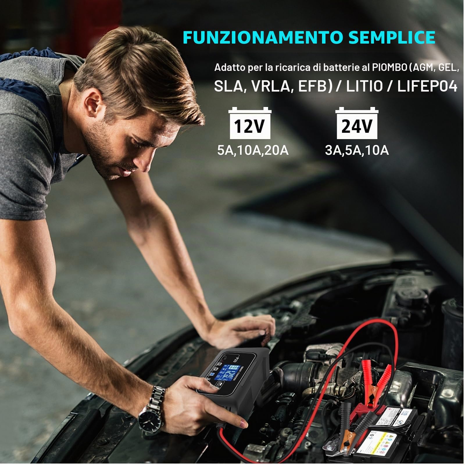 Caricabatterie intelligente da 12 V/24 V 20 A con riparazione di impulsi – Caricatore a 4 modalità per batterie LiFePO4/AGM/piombo-acido per auto, moto, barca, tosaerba (inverno/estate)
