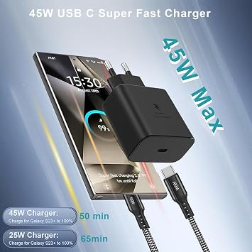 45W USB C Ladegerät Schnellladegerät Super Fast Charger Netzteil mit 2 m 100W Nylon Ladekabel Typ C Schnellladekabel für Samsung Galaxy S25 S24 S23 S22 Ultra S21 S20FE Note10+ A72 Tab S10+ S9 S8