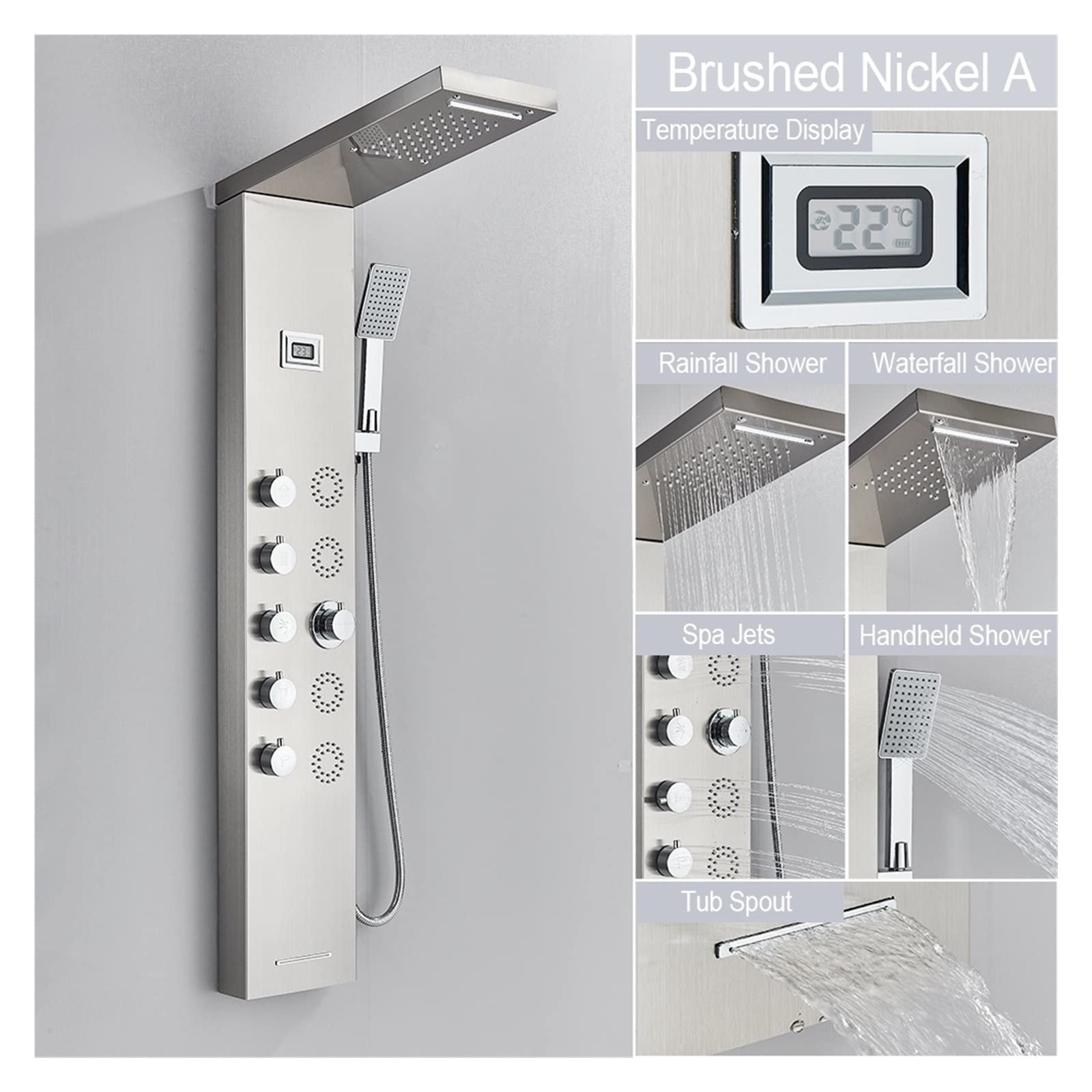 Pannello doccia Set di rubinetti for doccia a pioggia a cascata SPA Massaggio a getto Vasca da bagno Colonna doccia Visualizzazione della temperatura Miscelatore Rubinetto Torre(Brushed Nickel A)
