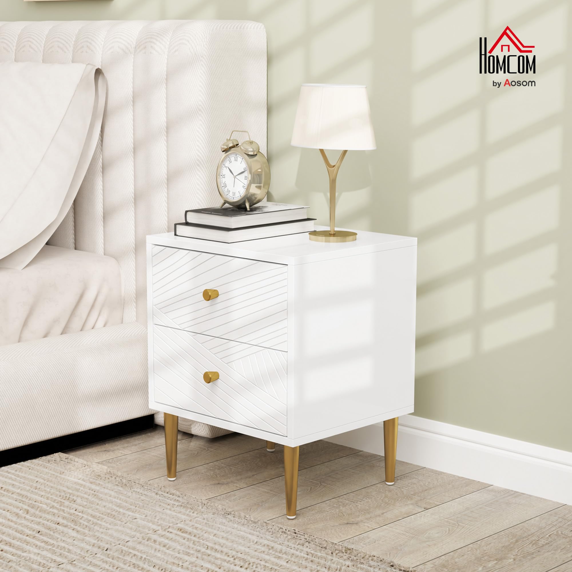 HOMCOM Table de Chevet avec 2 Tiroirs Pieds en Acier 40 x 35 x 50 cm Blanc