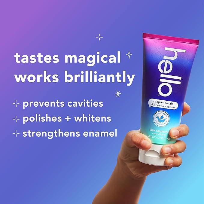 hello Dragon Dazzle Blue Raspberry Kids Toothpaste, Fluoride Toothpaste, Ages 2+, No Artificial Sweeteners, No SLS, Gluten Free, Vegan, Pack of 3, 4.2 OZ Tubes