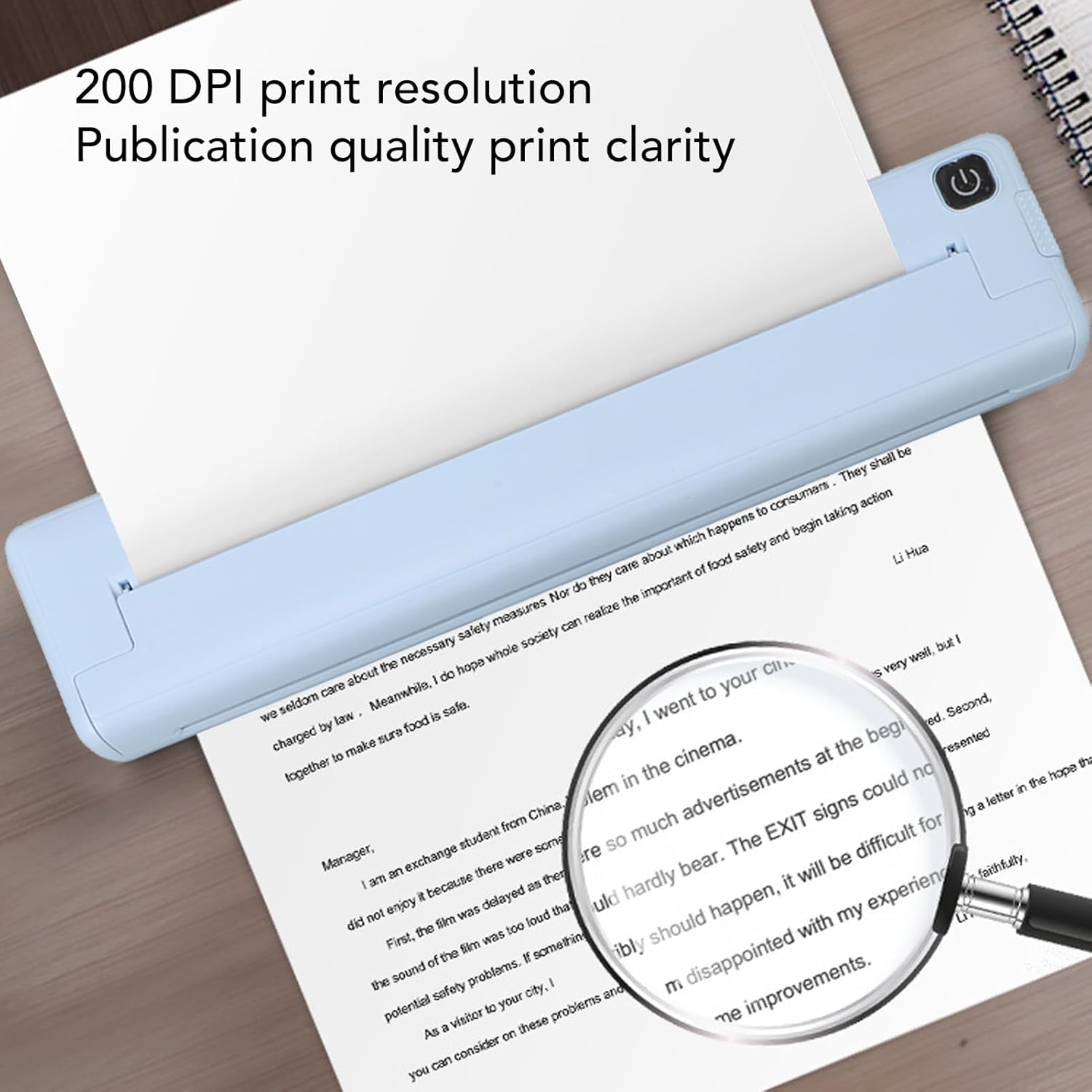 A printed document from the Bewinner A4 Thermal Printer being examined with a magnifying glass, showing 200 DPI print resolution.