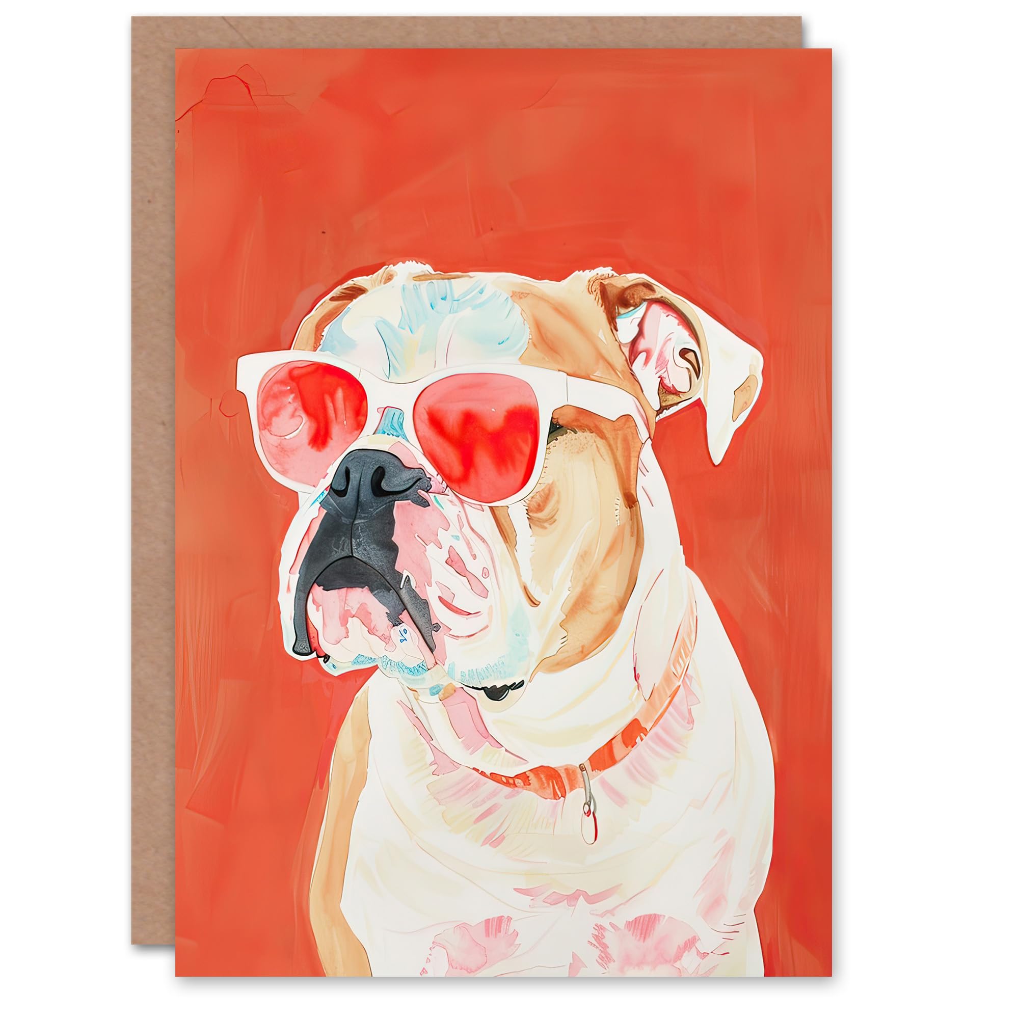 Artery8 - Greeting Card - English Bulldog Sunglasses Pop Art - Red