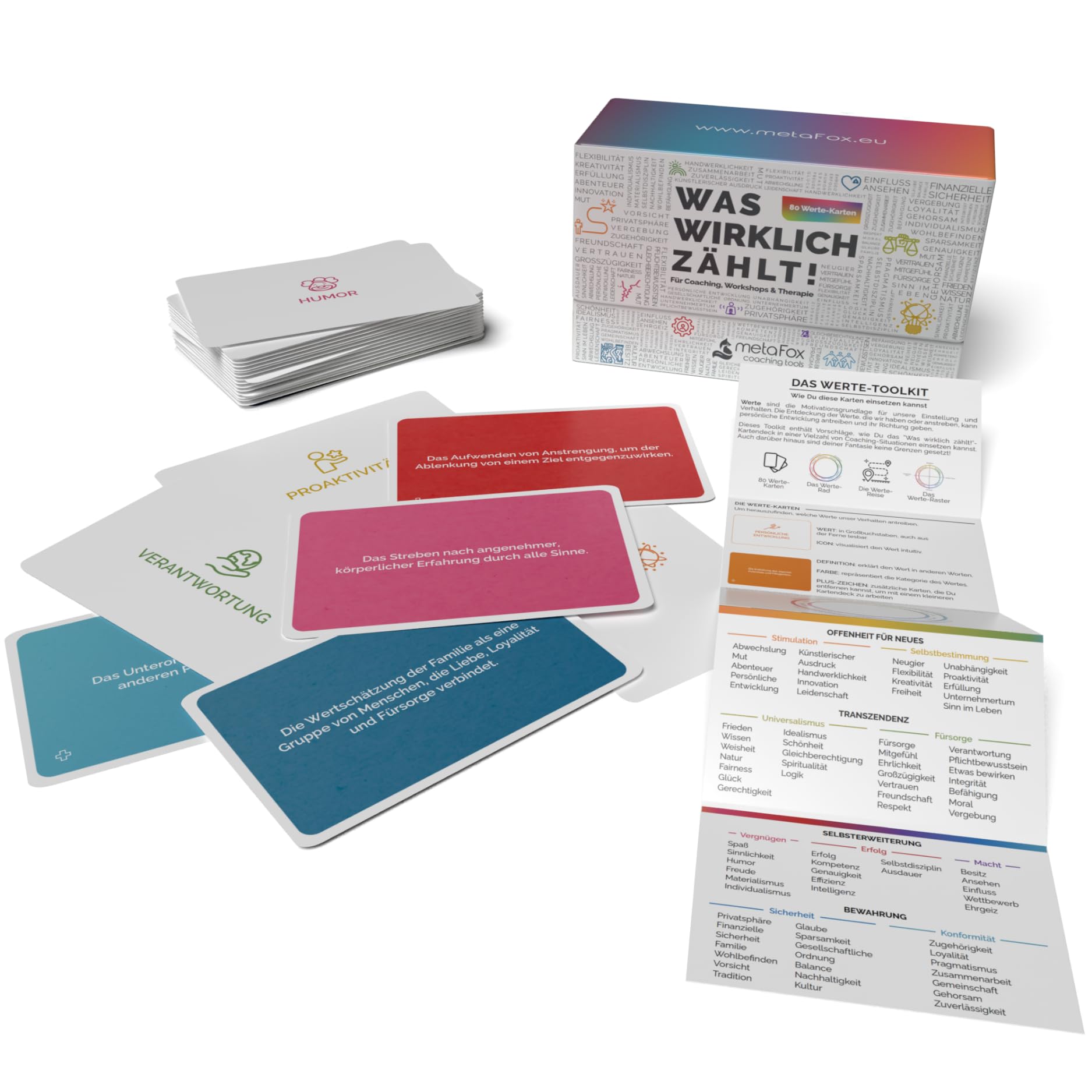 metaFox "Was wirklich zählt!" - 80 Wertekarten für Coaching, Workshops & Therapie - Für Life Coaching, Act Therapy Cards, Personal Values Cards und Therapy Tool