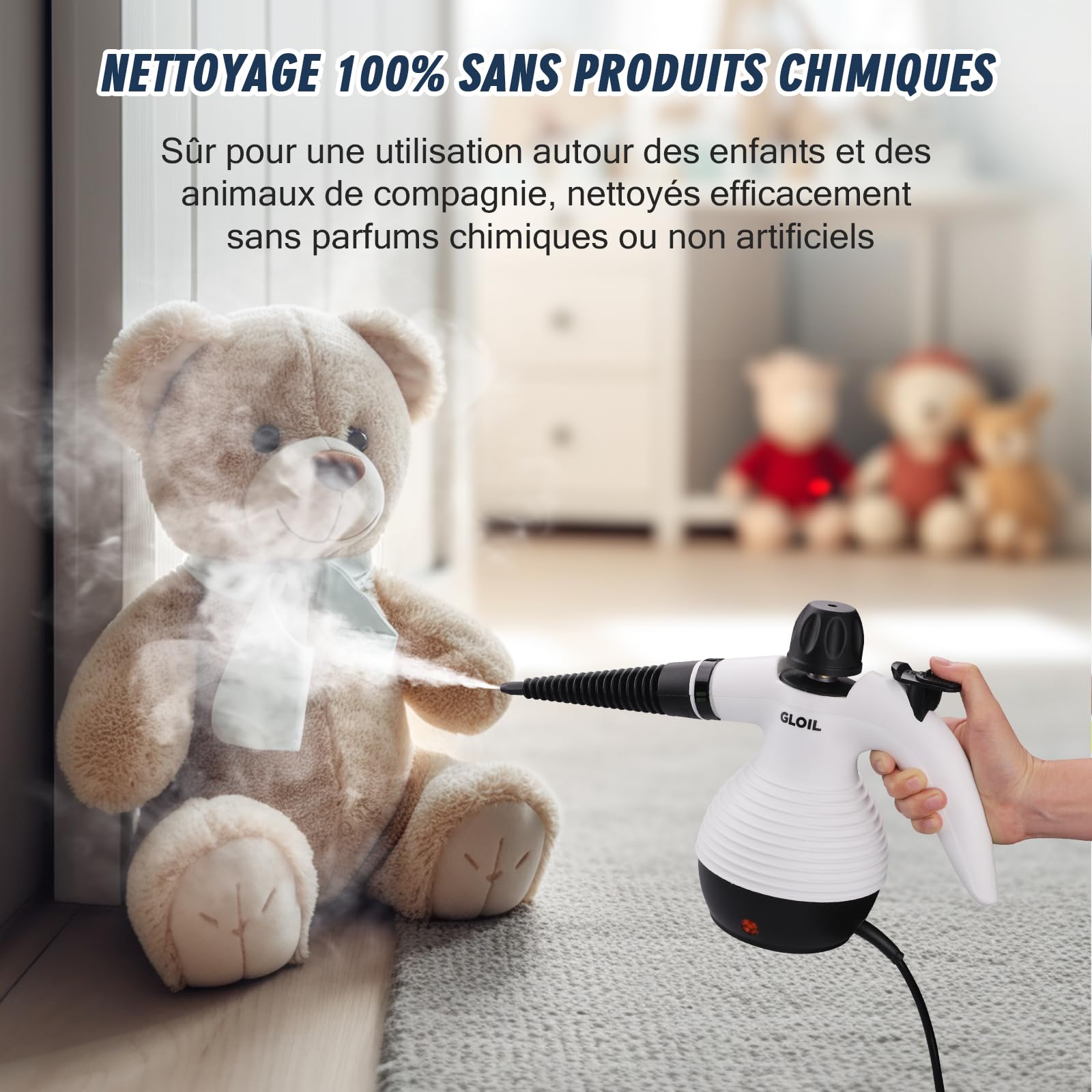 Nettoyeur vapeur pour tout, portable multi-usages avec 10 accessoires pour tapis, rideaux, canapés, cuisines et salles de bains. (Blanc Clair.)