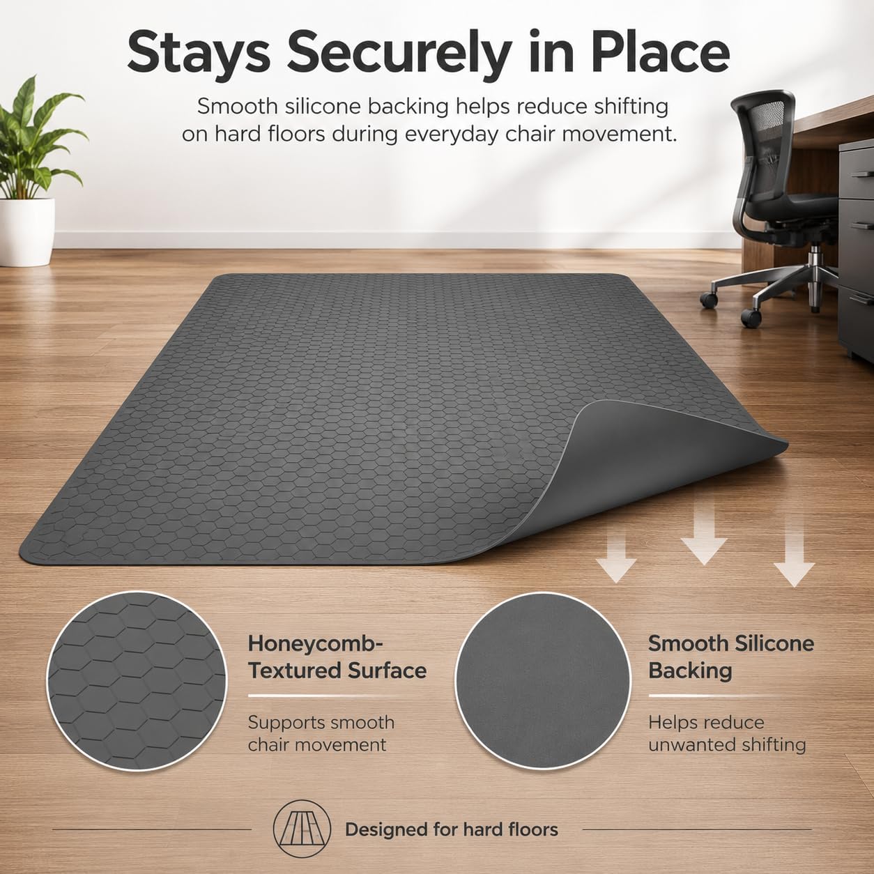 Silicone Office Chair Mat for Hard Floors, 36 x 48 Inch, 2 mm Thick Desk Chair Floor Protector with Honeycomb Texture, Non-Slip, Washable and Wear-Resistant, Gray
