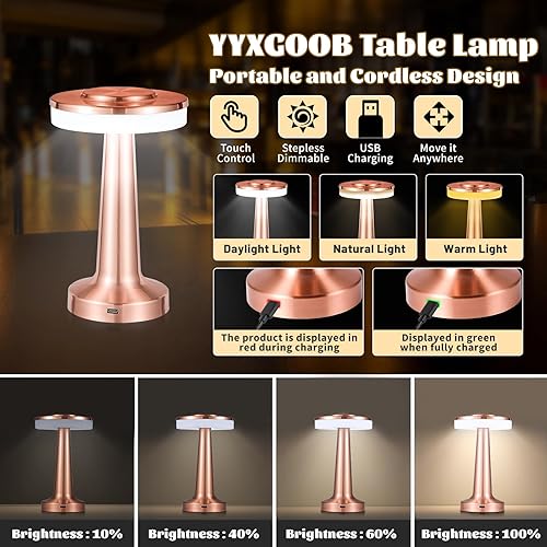 Miniatura 5 de Lámpara de escritorio recargable con batería con sensor táctil, lámpara de mesa LED portátil inalámbrica, regulable de tres niveles, adecuada para