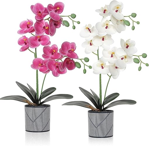 LOMOHOO Künstliche Orchideenblumen im Topf (52cm), 2 Stück eingetopfte Orchideenblüten Gefälschte Orchideen mit Plastikvase für Tischdekoration Wohnkultur Büro Hochzeitsfeier Dekoration (Lila & Weiß) - Lila & Weiß