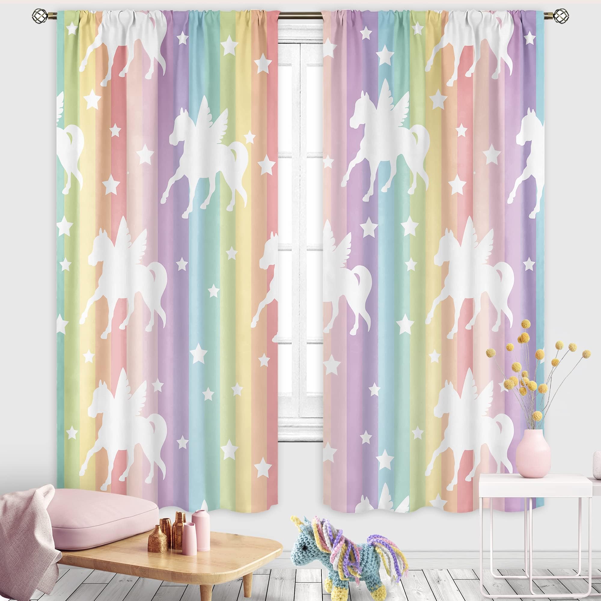 Cinbloo Rainbow Curtains 42Wx63L Inch Rod Pocket Pastel Starts Unicorn for Kids Room Decor Mermaid Child Nursery Princess Teen Girls Playroom Bedroom Living Room Window Drapes 2 Panel