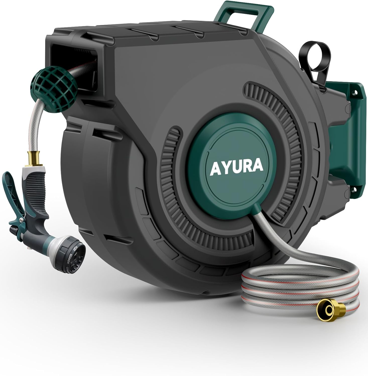 Retractable Garden Hose Reel 100 ft x 1/2 inch with Pro Metal Shaft, Heavy Duty Automatic Garden Hose Reels with Kink-Free Rewind and Lock at Any Length, Wall Mount Water Hose Reel for Outside