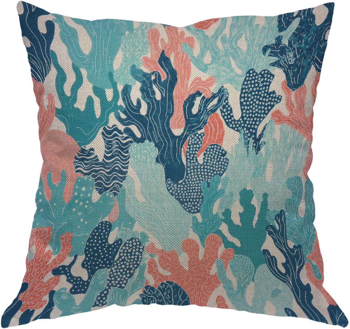 Moslion Coral Pillows Decorative Throw Pillow Cover Ocean Colorful Corals Reef Pillow Case 18 x 18 Inch Cotton Linen Square Cushion Cover for Valentine's Day Sofa Bed Pink Blue Green Purple