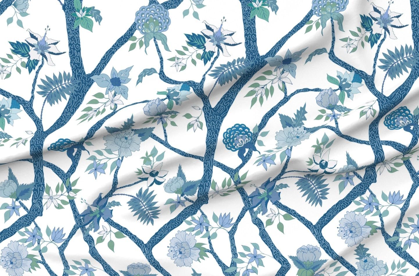 Spoonflower Fabric - Garden Chinoiserie Green Floral Branch Large Scale Peony Blue and Printed on Petal Cotton Fabric Fat Quarter - Sewing Quilting Apparel Crafts Decor