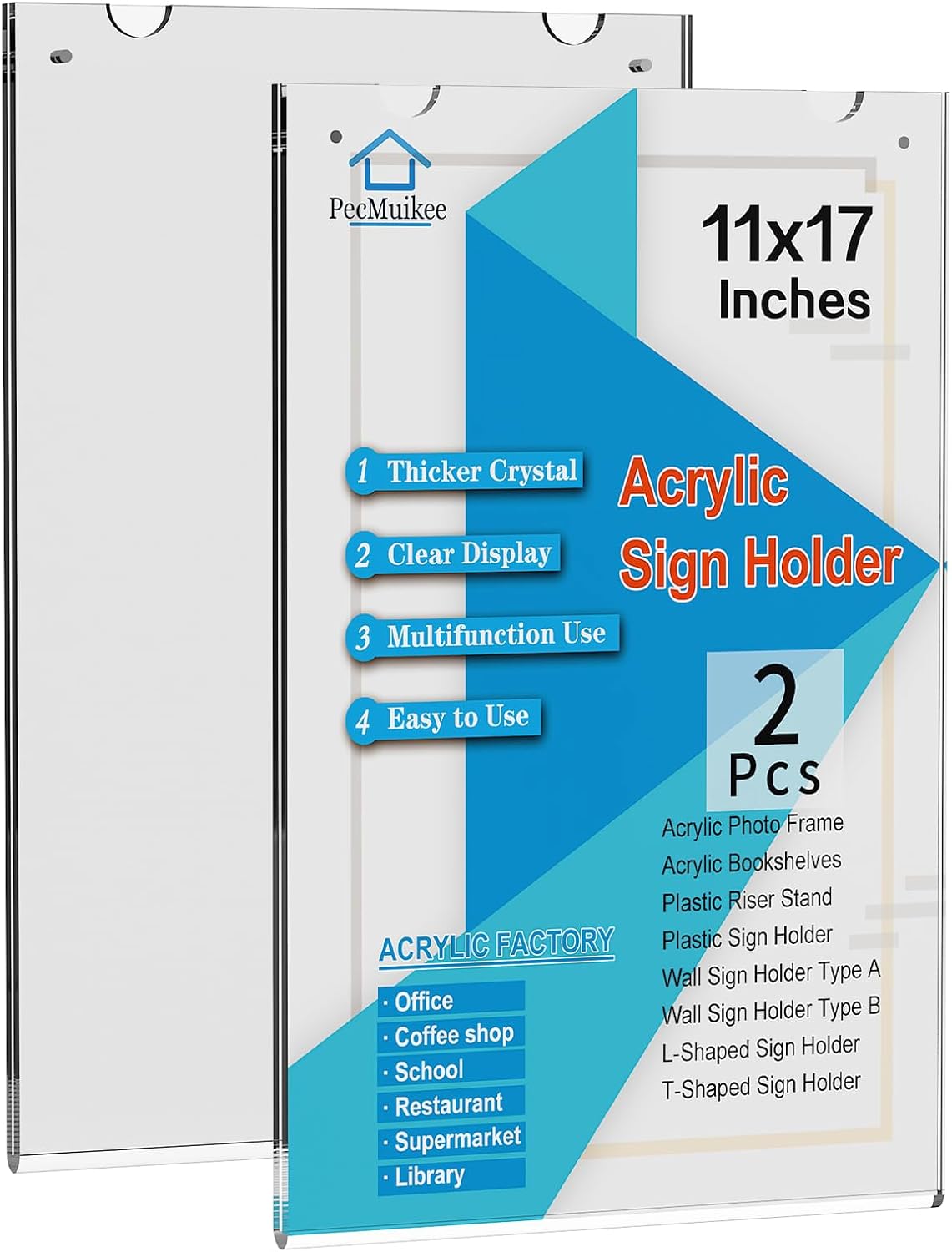 PecMuikee Acrylic Sign Holder 11x17 Vertical，Wall Mount Sign Holders Clear Plastic Picture Frame with Adhesive Tapes and Mounting Screws for Office, Home, Store, Restaurant, Landscape, 2 Pack