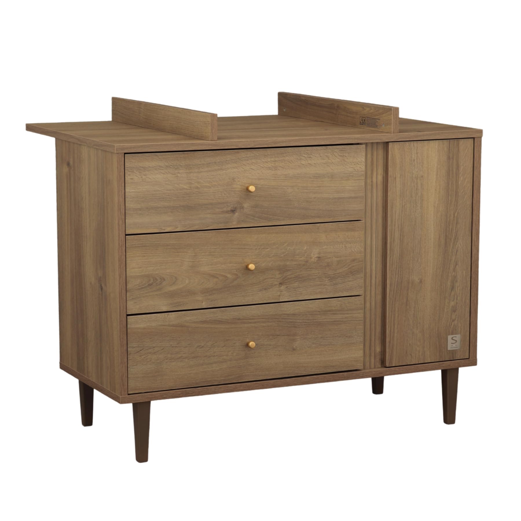 Sauthon Commode 3 tiroirs et 1 Porte avec détail Imitation Bois texturé et Pieds Bois