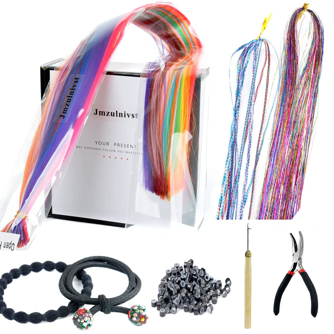 Jmzulnivst Set 20inch 60s/lot Colorful Rainbow Hiar,100s Tinsel Hair ,6s Colorful Hair Wrap String For Braids,Synthetic Fiber I Tip Feather Hair Extensions for Women Kids Gift Cosplay Dress Up Party Highlights With Tools