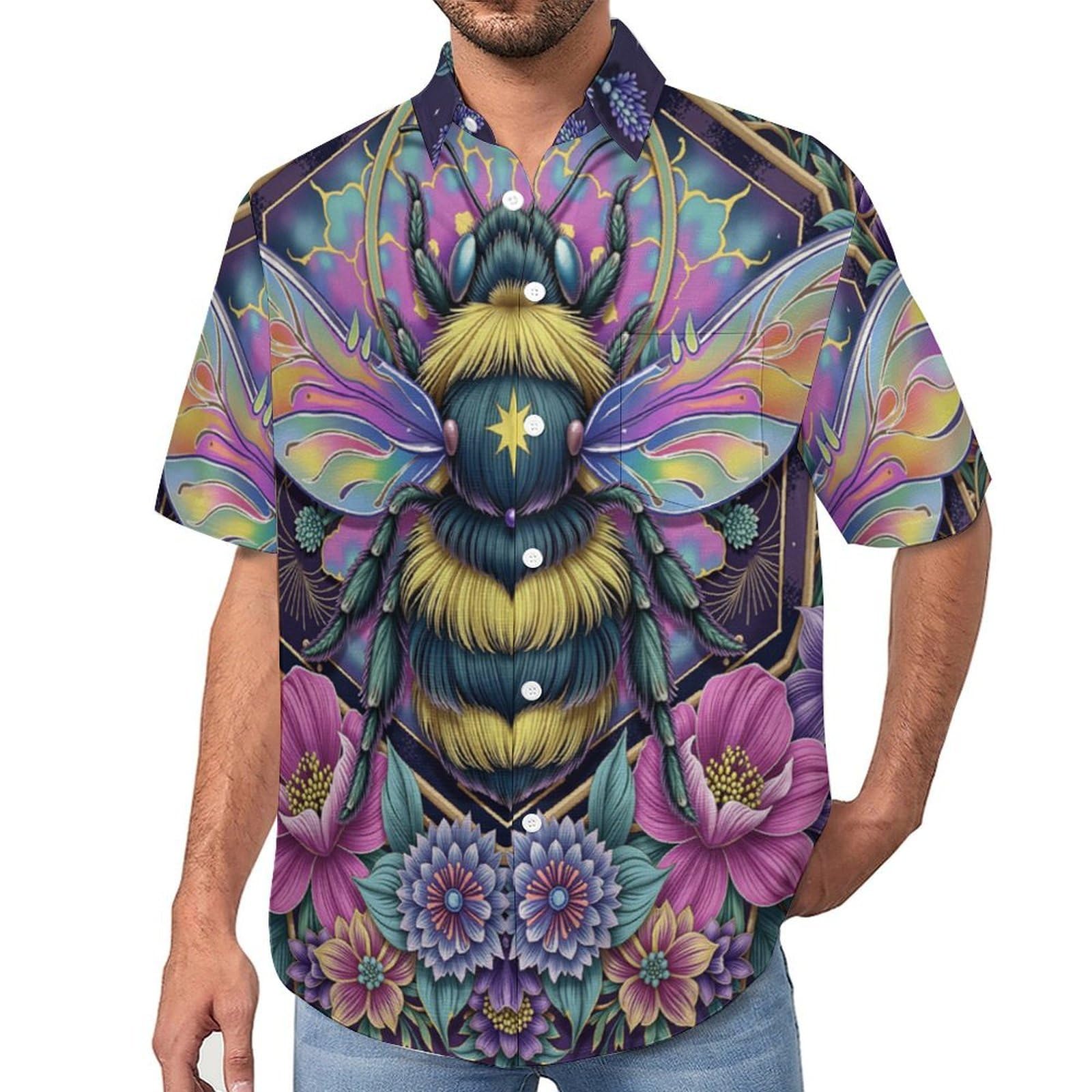 Camicie da Uomo a Maniche Corte con Stampa della Fiori Api Carino, Casual Leggere Bottoni Camicia con Tasca Frontale, per Vacanze Spiaggia Estate