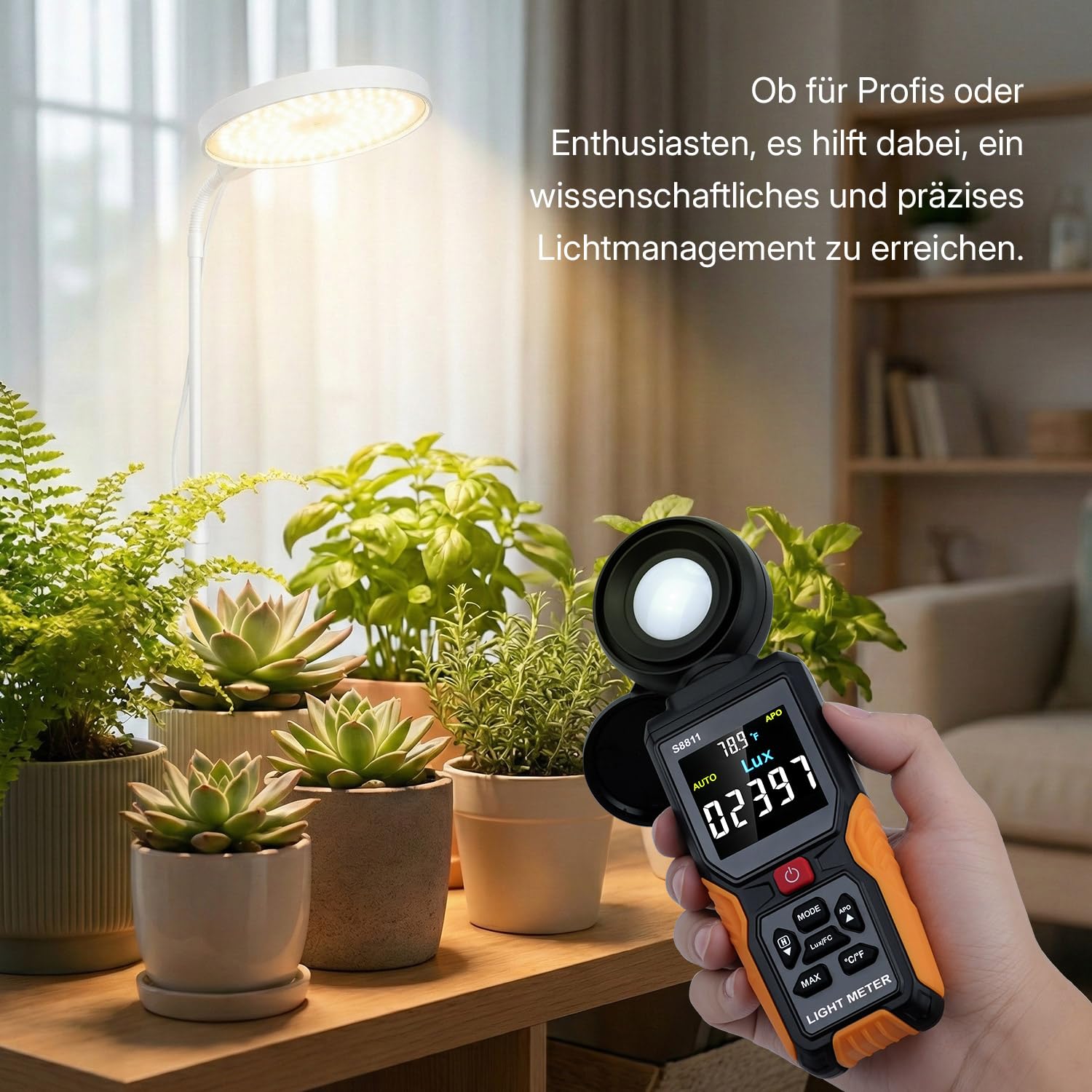 Mcbazel Digitales Luxmeter, Hochpräziser Belichtungsmesser Tragbare Photometer 200.000 Lux/FC mit 270° Sensor, HD-Farbdisplay & Umgebungstemperatur für Pflanzen, Fotografie & Innenräume