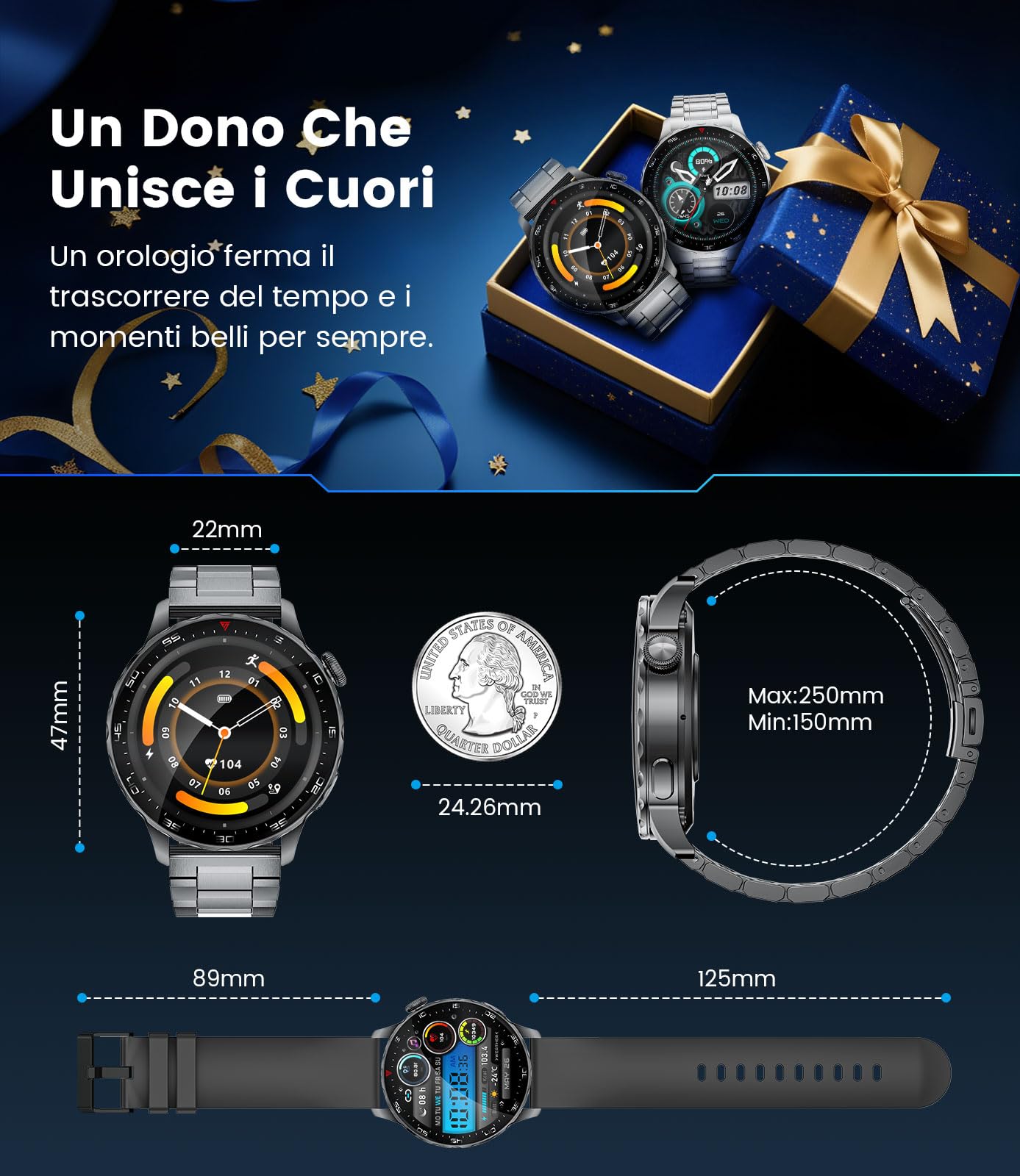 BENYAR SMART Smartwatch Uomo con Chiamata e Risposta, 1.43'' HD AMOLED Orologio Smartwatch Uomo, 750mAh Batteria, 100+ Modalità Sportive, Sonno Cardiofrequenzimetro Contapassi per Android iOS