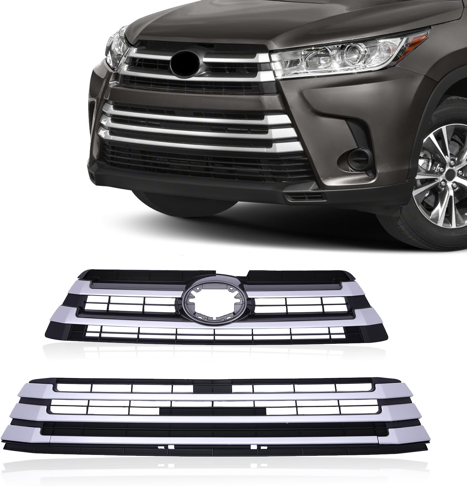 KARPAL Front Bumper Grille Upper + Lower Sliver Black Compatible With 2017-2019 Toyota Highlander Replacement for TO1200425 TO1036174