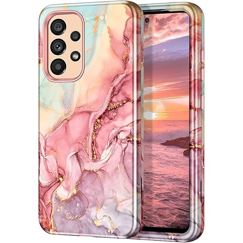 Btscase for Samsung Galaxy A53 5G Case, Marble Pattern 3 in 1 Heavy Duty Shockproof Full Body Rugged Hard PC+Soft Silicone Drop Protective Women Girl Cover ,Rose Gold