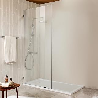 Danmeiwying Frameless Fixed Shower Door Panel 20.5"x78.75" - 10mm Thick Tempered Glass, Matte Black Clamps for Leak-Proof Bathroom