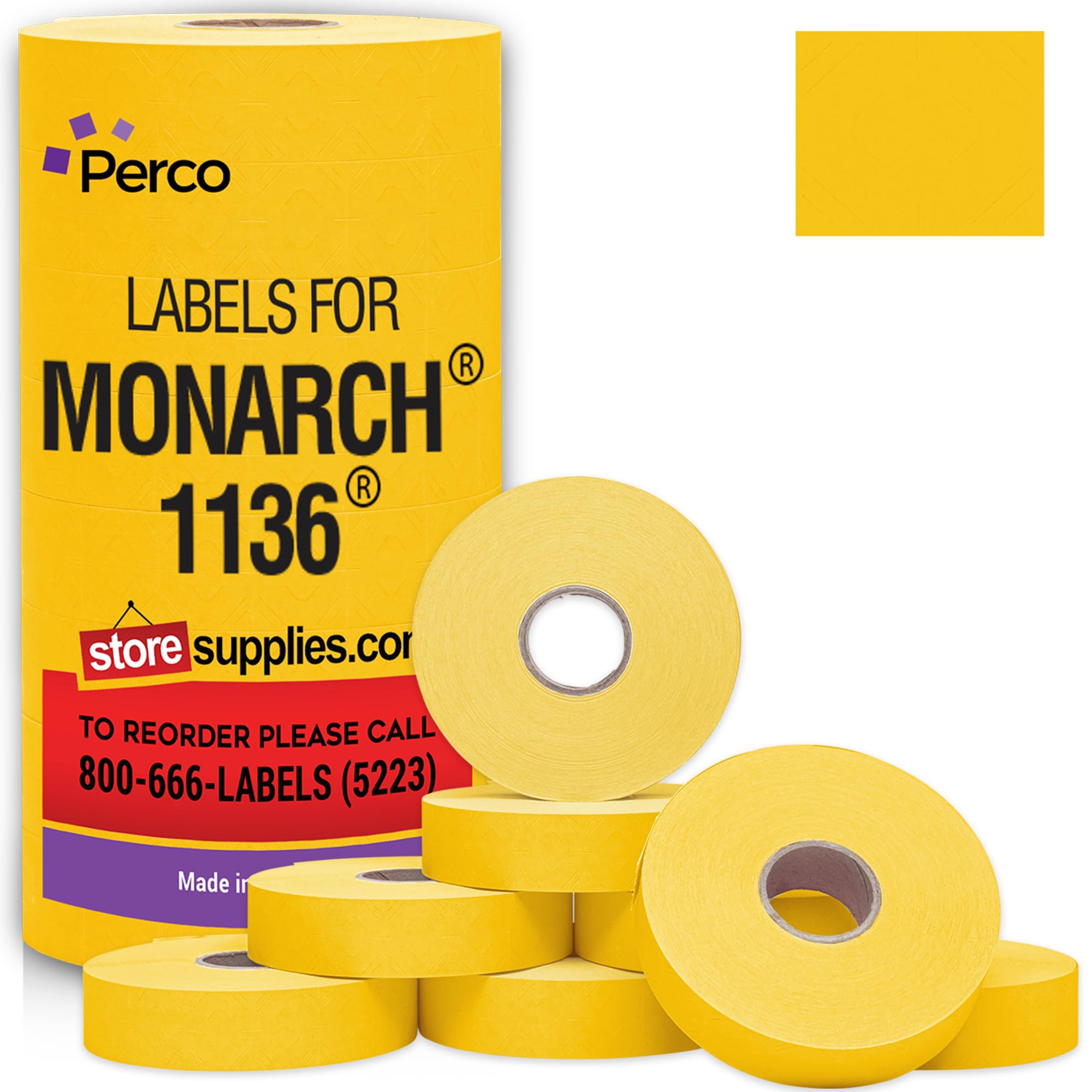 Yellow Pricing Labels for Monarch 1136 Price Gun - 1 Sleeve, 8 Rolls, 14,000 Price Marking Labels - with Ink Roll Included