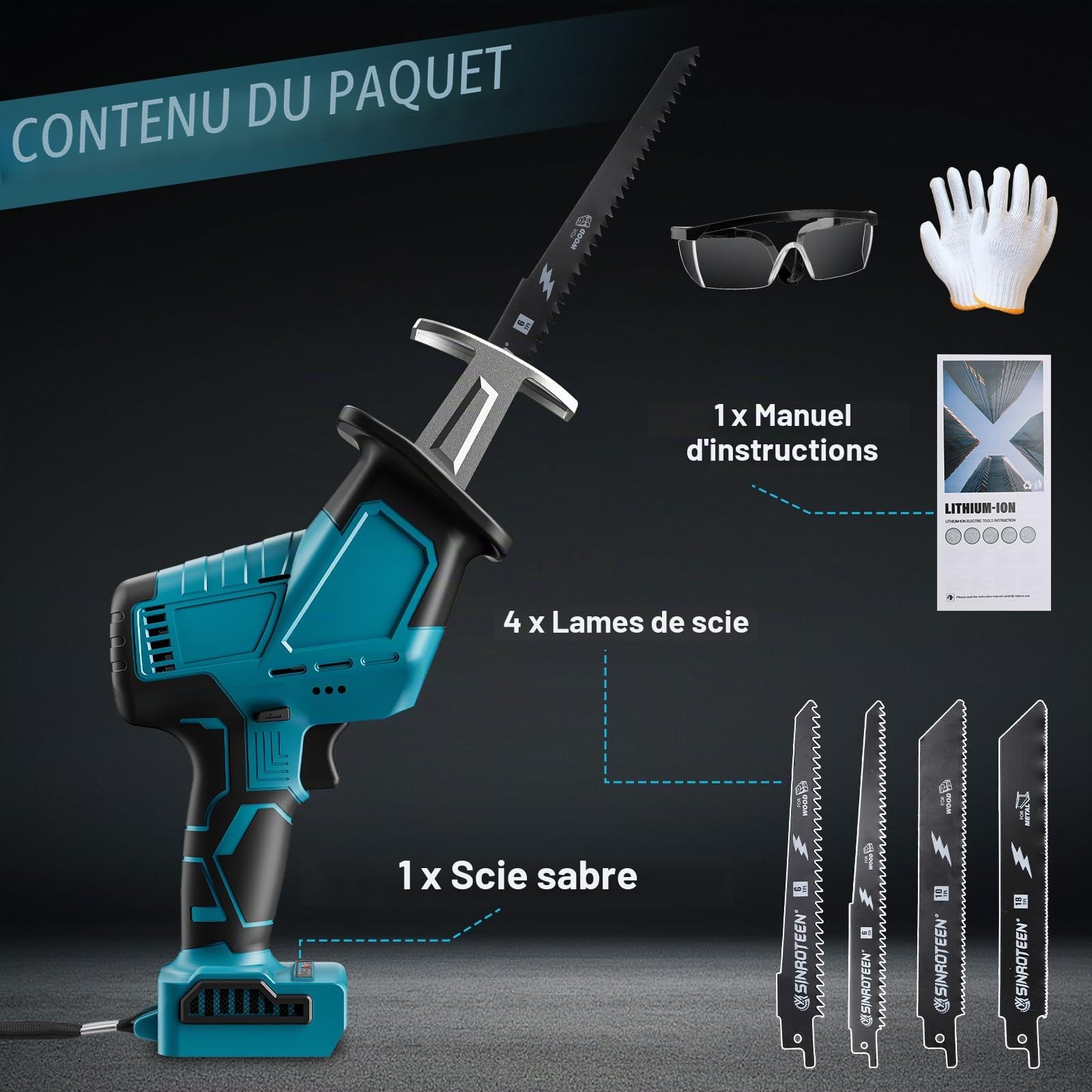 Scie Sabre sans fil compatible avec Makita 18V LXT Batterie, 4 lames de scie, 3500 tr/min (sans batterie)