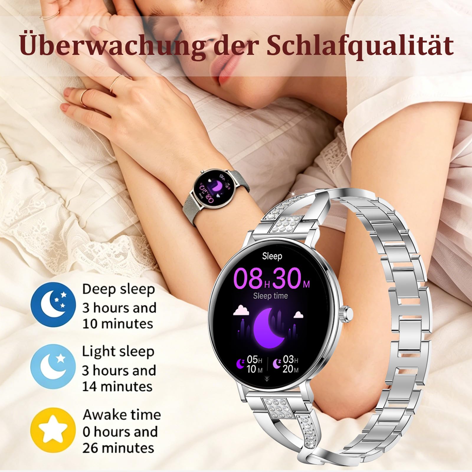 Reloj inteligente para mujer de 1,32 pulgadas, AMOLED, reloj inteligente, redondo, 7,5 mm, pantalla fina, reloj de pulsera de fitness, reloj con función de teléfono, pulsómetro, presión arterial