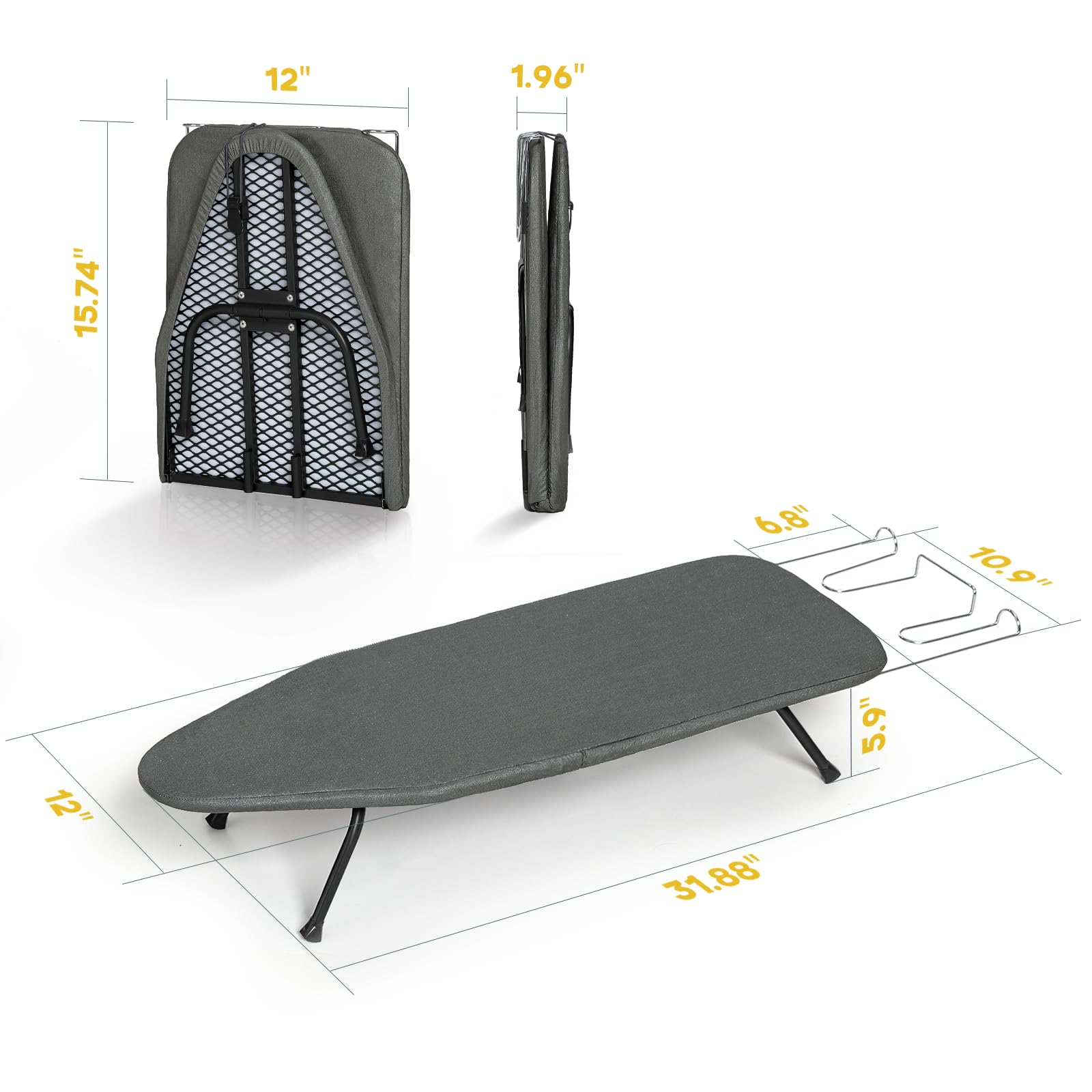 Kleines Bügelbrett, faltbar, 78,7 x 30,5 cm, RAINHOL Schwarz | Kompakter tragbarer Mini-Bügeltisch mit Bezug und Polster für Reisen und platzsparend