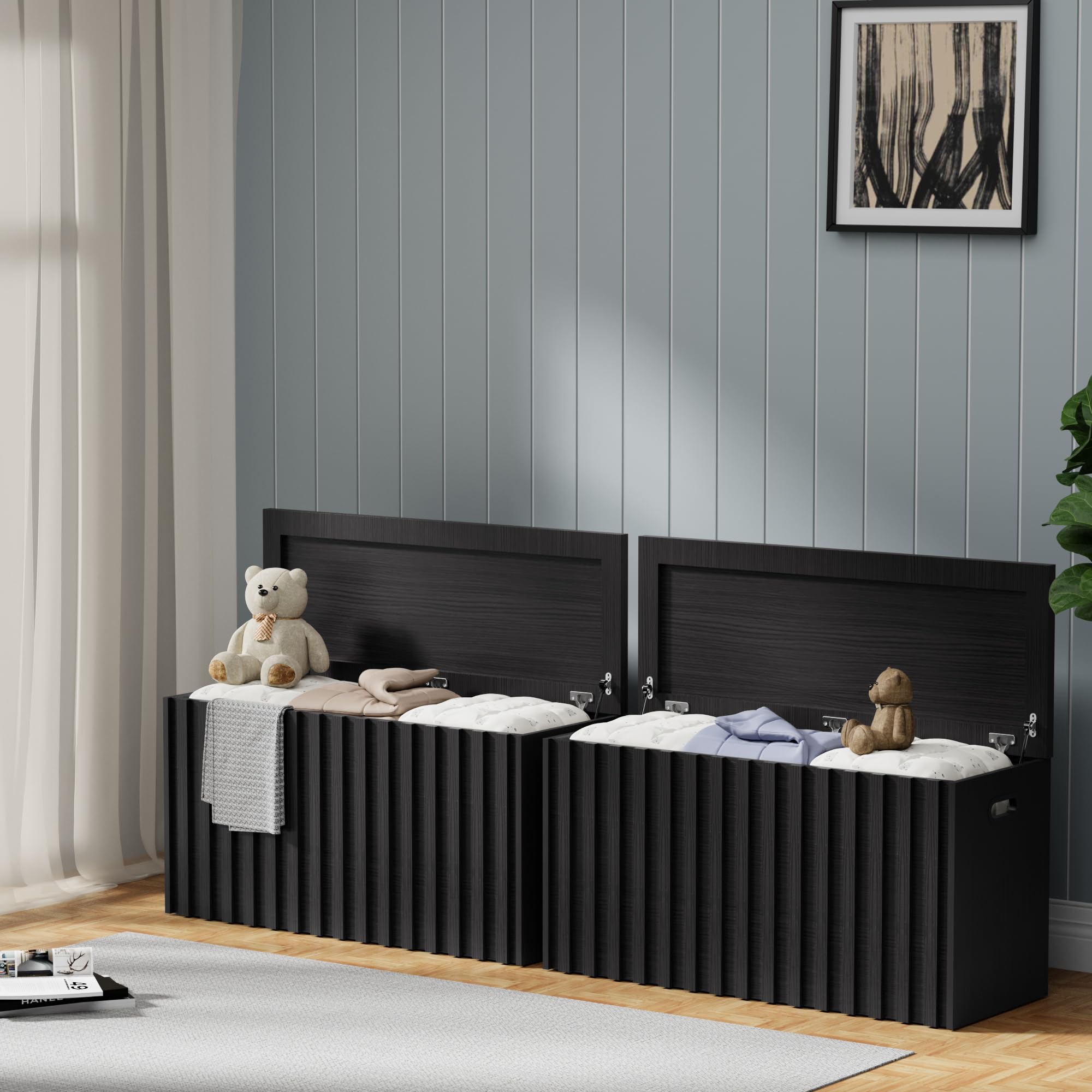 UEV Black Storage Bench Set of 2, 39.4" Fluted Wood Storage Trunk with 2 Safety Hinges, Sturdy Storage Chest, Storage Bench for Bedroom,Entryway,