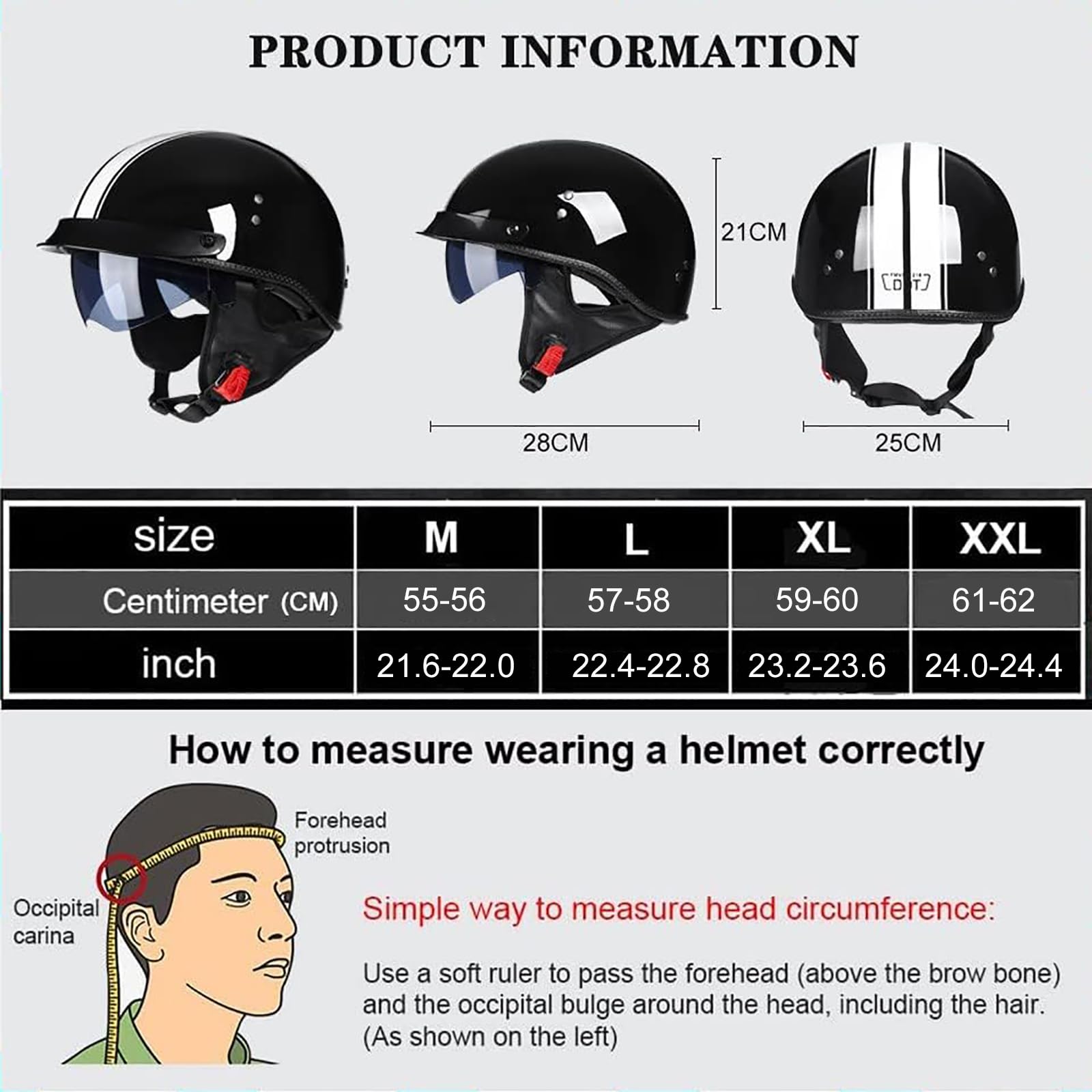 Casco da Moto retrò a Mezza Calotta per Adulti, Uomo e Donna, Casco Aperto con Visiera Parasole per Moto, Cruiser, Chopper, ciclomotore, Scooter, Moto, Certificato DOT, Nero Opaco,